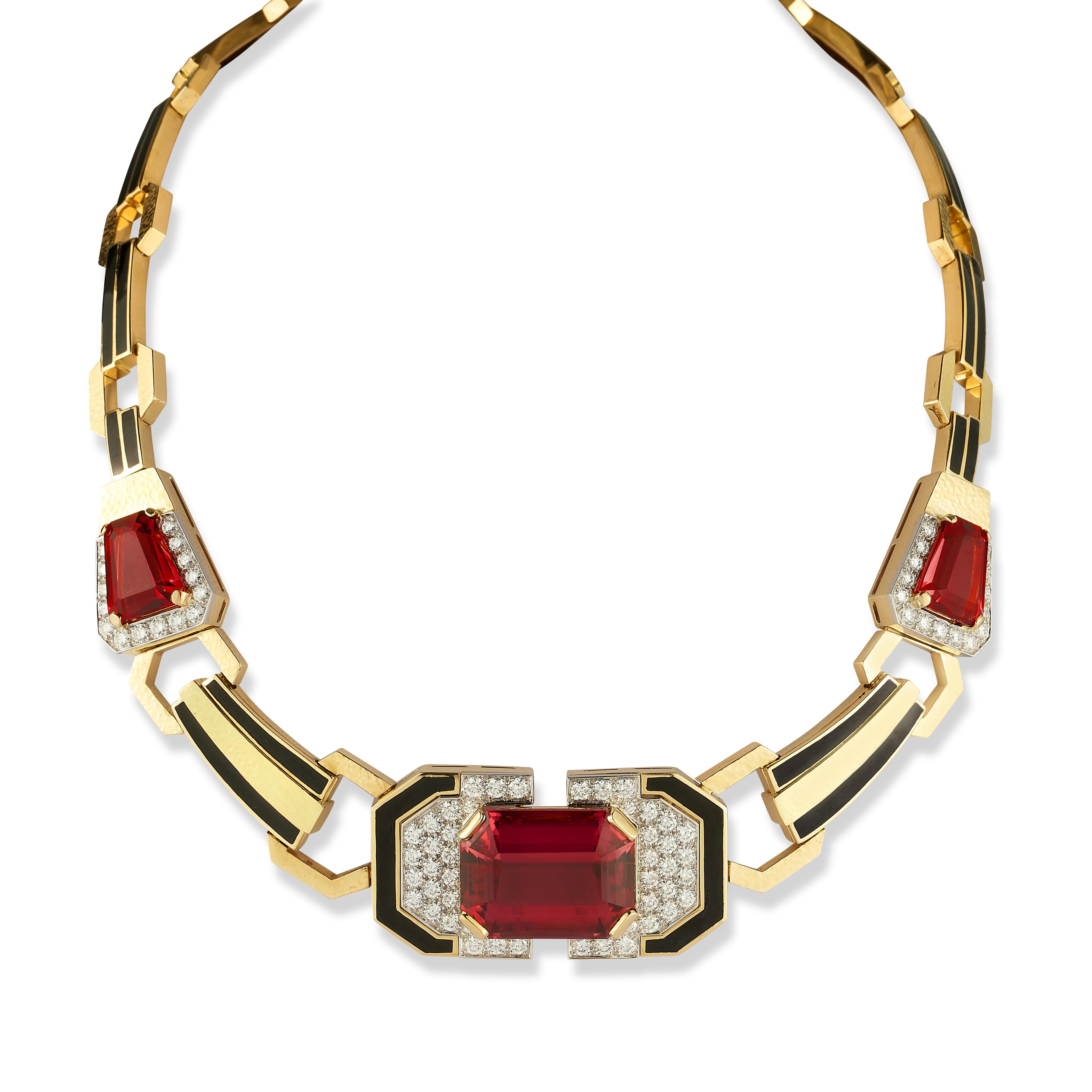 David Webb Rubellite Tourmaline and Enamel Necklace

A hammered gold and black enamel necklace showcasing one emerald-cut and two trapezoid-shaped rubellites. Accented by round-cut diamonds..

Rubellite weight: 42.26 carats 

Diamond weight: 4.84