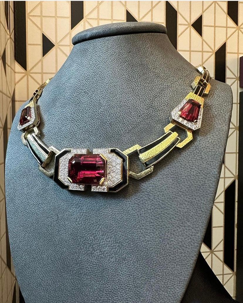 David Webb Rubellite Tourmaline and Enamel Necklace In Excellent Condition For Sale In New York, NY