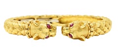David Webb Ruby 18 Karat Yellow Gold Panther Head Kingdom Cuff Bracelet