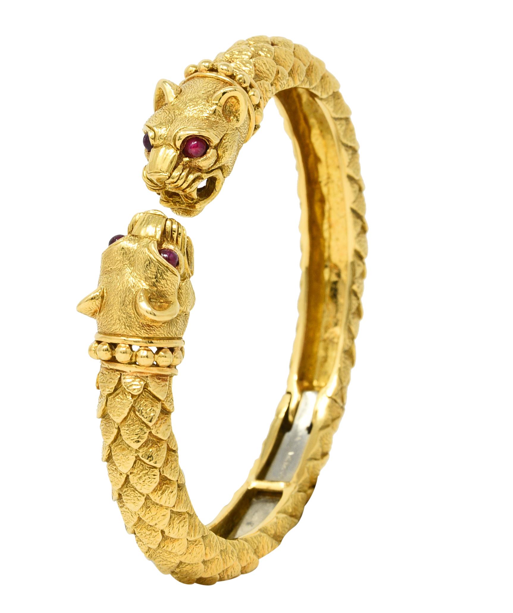 David Webb Ruby 18 Karat Yellow Gold Panther Head Kingdom Cuff Bracelet 2