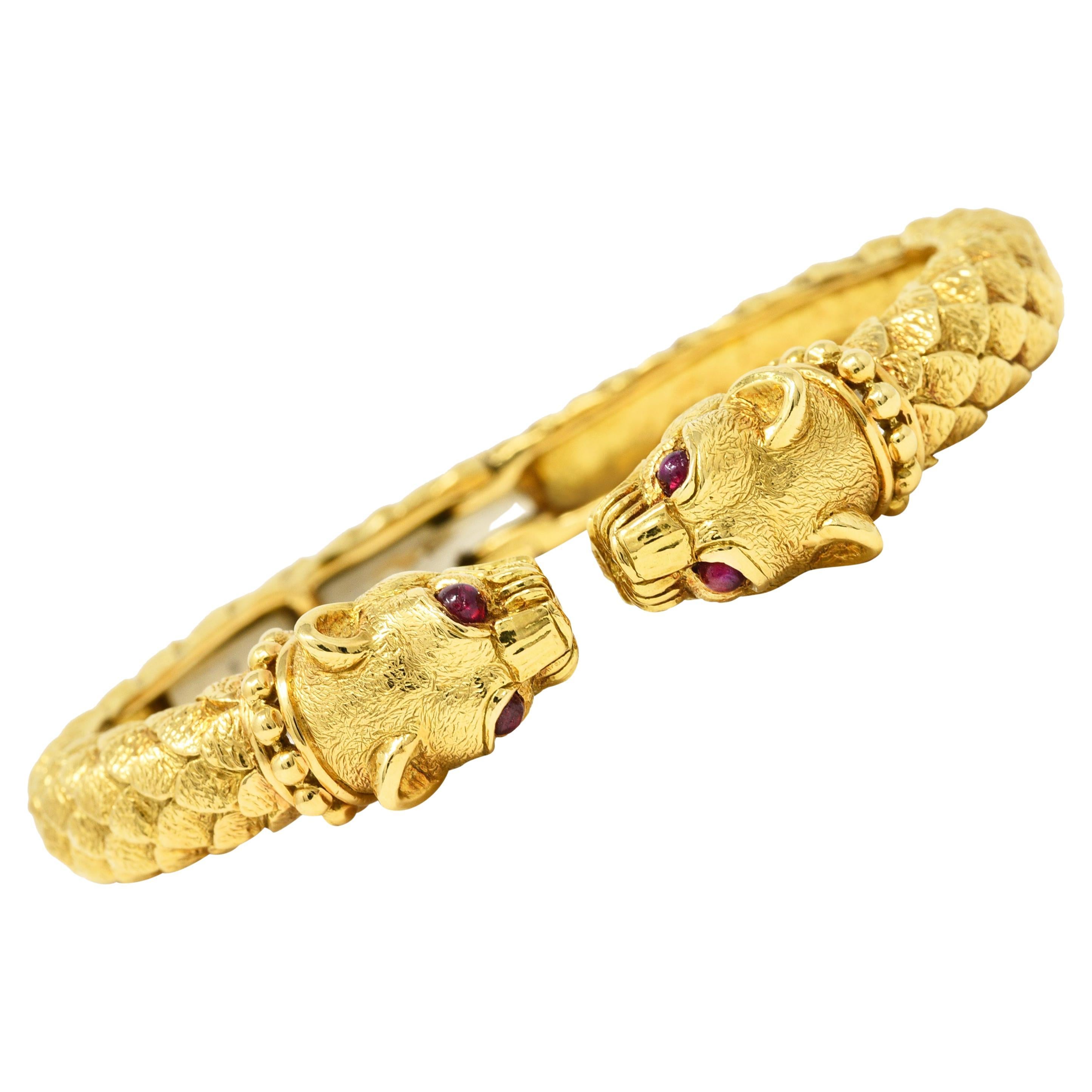 David Webb Ruby 18 Karat Yellow Gold Panther Head Kingdom Cuff Bracelet