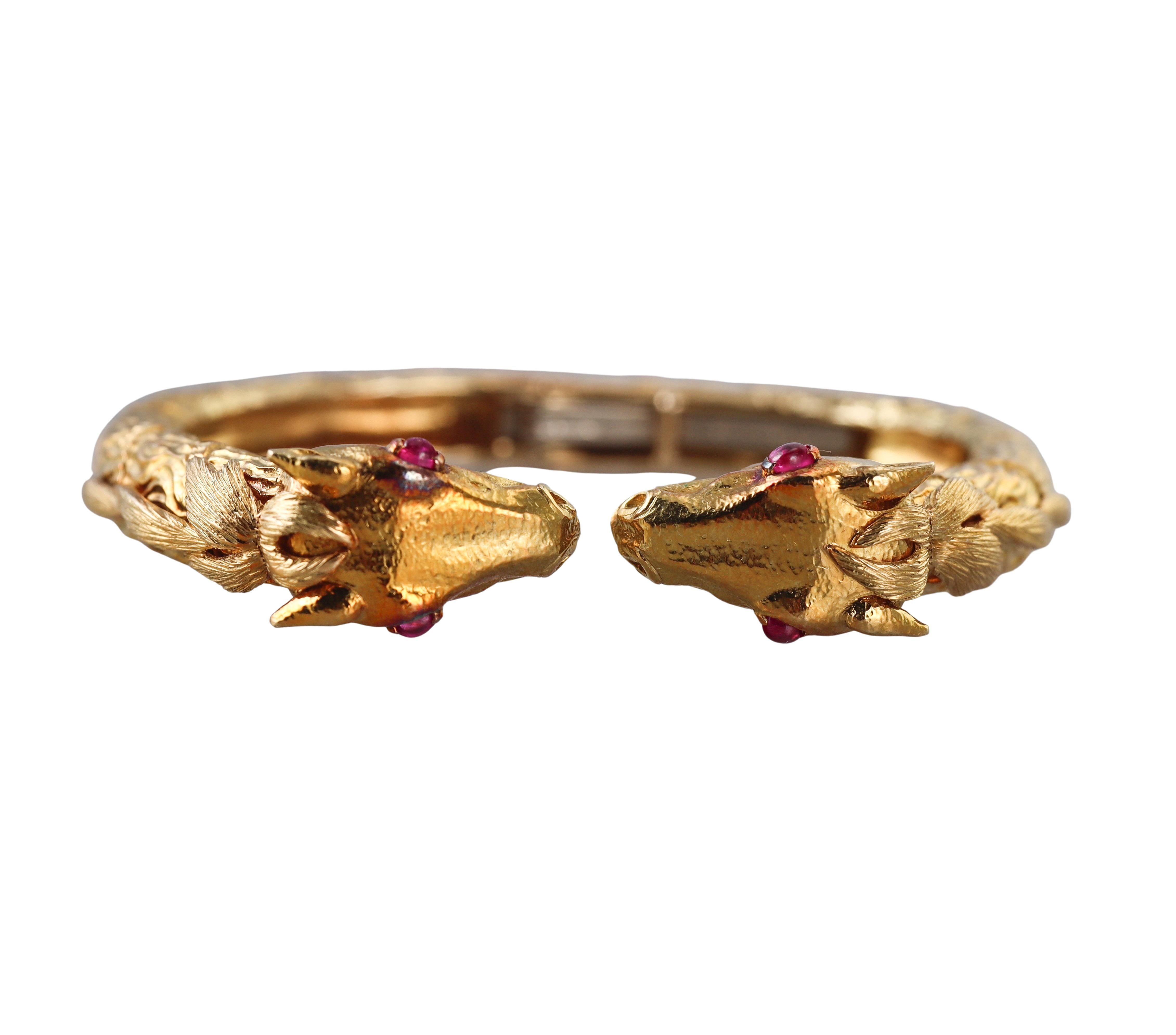 Cabochon David Webb Ruby 18k Gold Antelope Bracelet For Sale