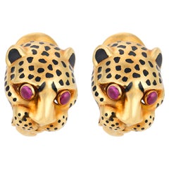 David Webb ruby 18k yellow gold leopard earrings