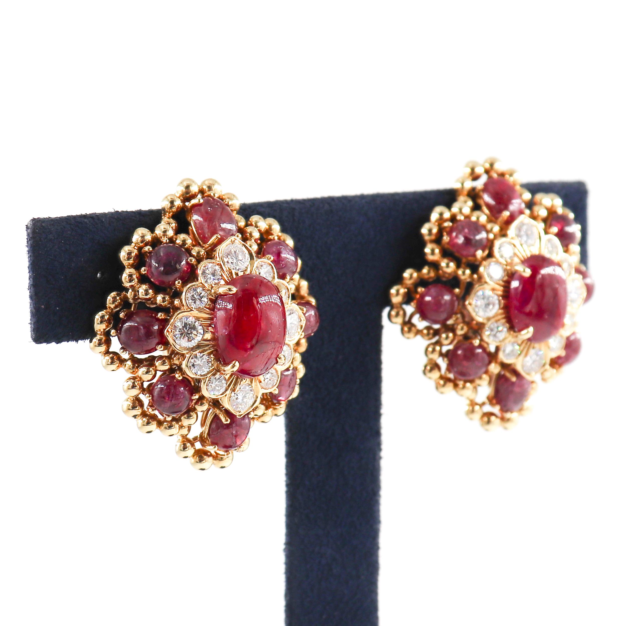 Cabochon David Webb Ruby and Diamond Clip-On Earrings For Sale