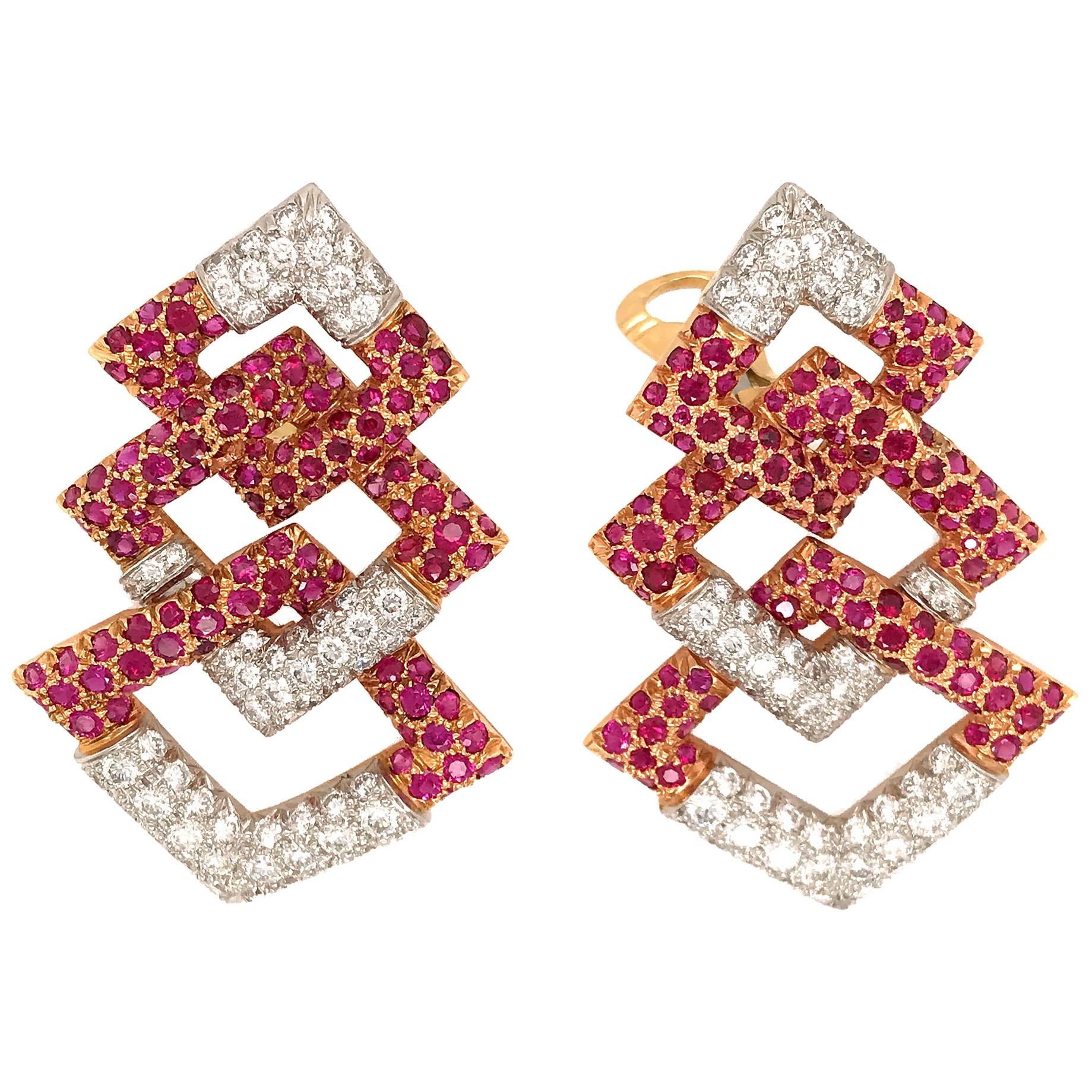 1960s David b Ruby Diamond Gold Earrings at 1stDibs