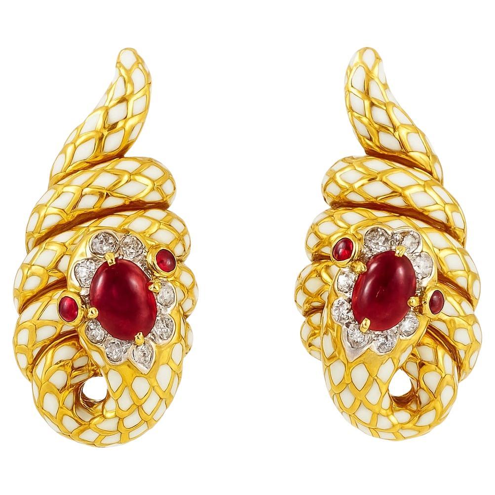 Moderne David Webb Boucles d'oreilles émail rubis et diamants Or jaune 18K et Platine en vente