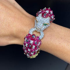 David Webb Ruby and Diamond Lion Bangle Bracelet
