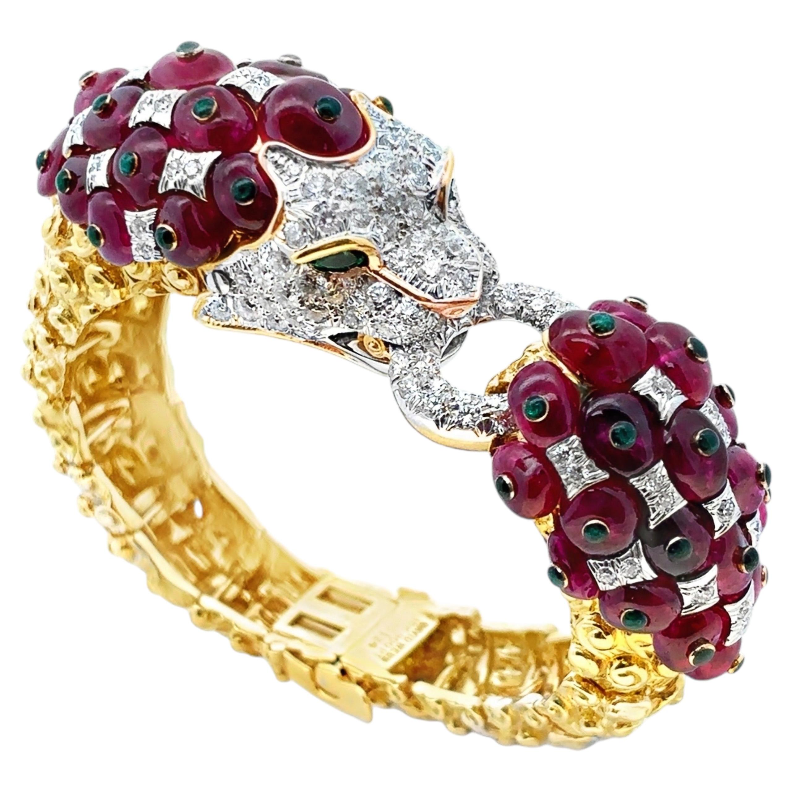David Webb Ruby and Diamond Lion Bangle Bracelet For Sale