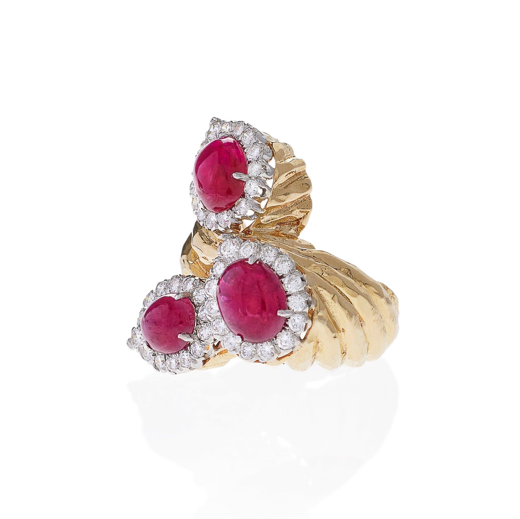 Cabochon David Webb Ruby and Diamond Three Stone Ring