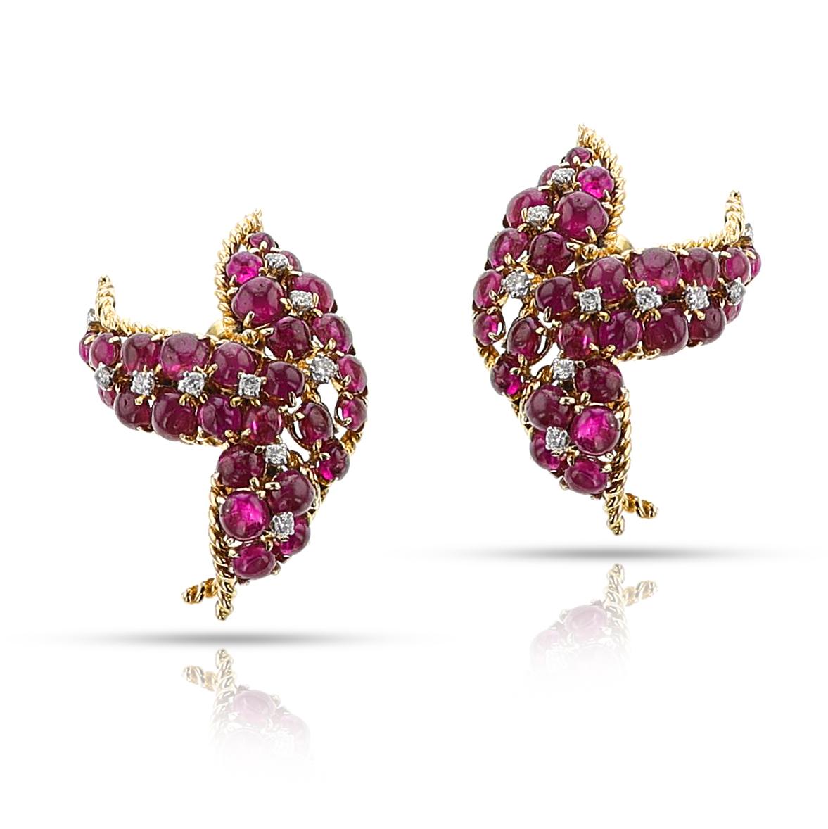 David Webb Ruby Cabochon and Diamond Earrings, 18k For Sale 1