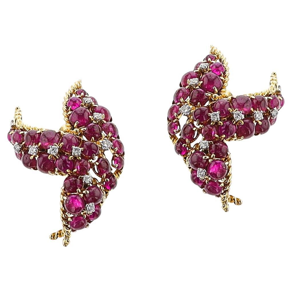 David Webb Ruby Cabochon and Diamond Earrings, 18k
