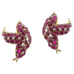 David Webb Ruby Cabochon and Diamond Earrings, 18k