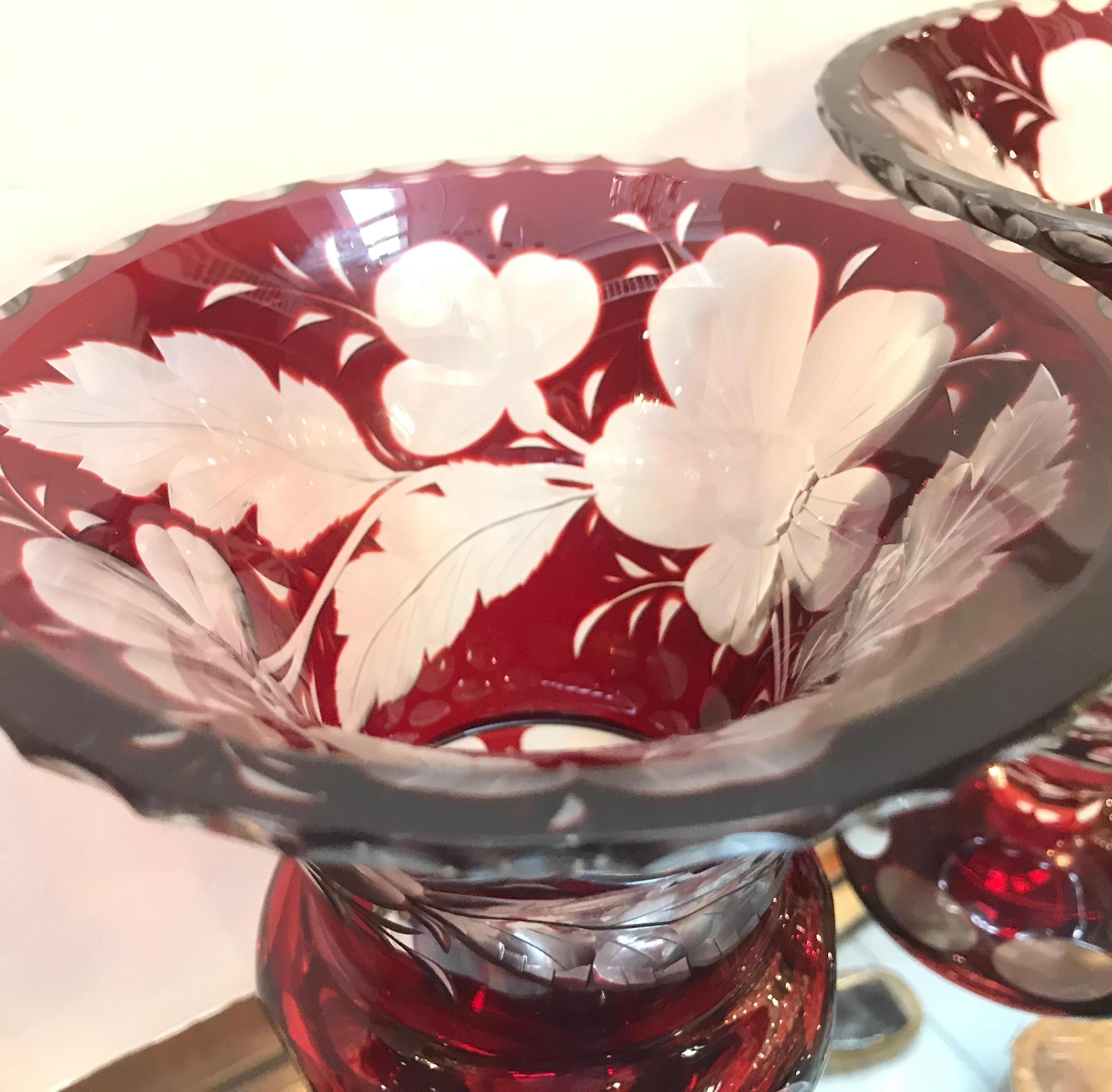 Pair of Ruby Intaglao Cut to Clear Glass Campana Mantle Urns 5