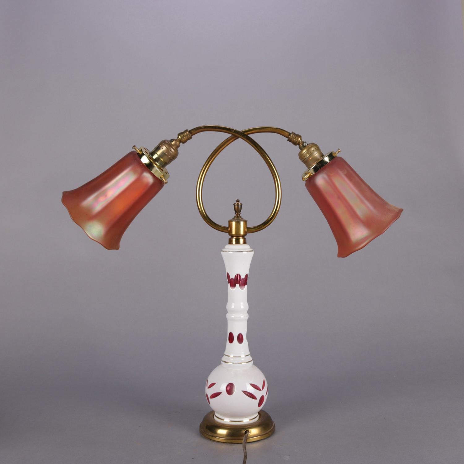 Brass Antique Bohemian Cased Cut to Cranberry Glass Table Lamp, Carnival Shades