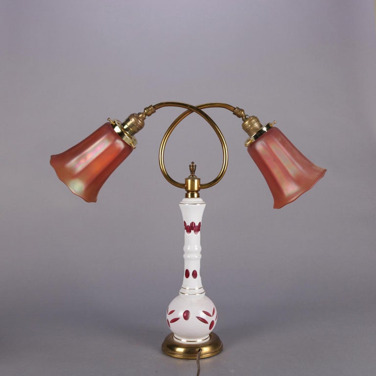 Antique Bohemian Cased Cut to Cranberry Glass Table Lamp, Carnival Shades at 1stDibs