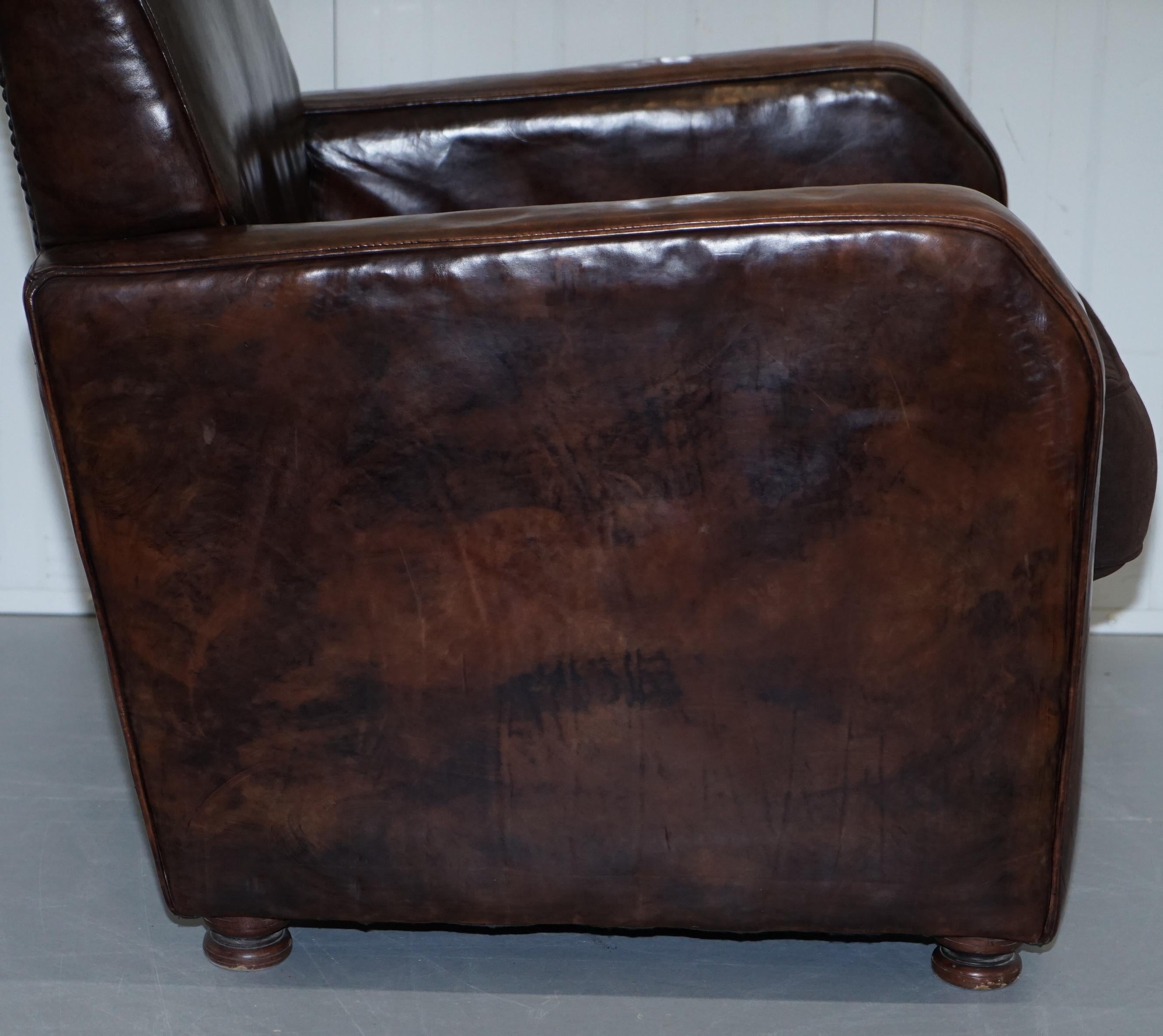 Aged Brown Leather Coil Sprung Base Armchair with Velvet Feather Filled Cushion 4
