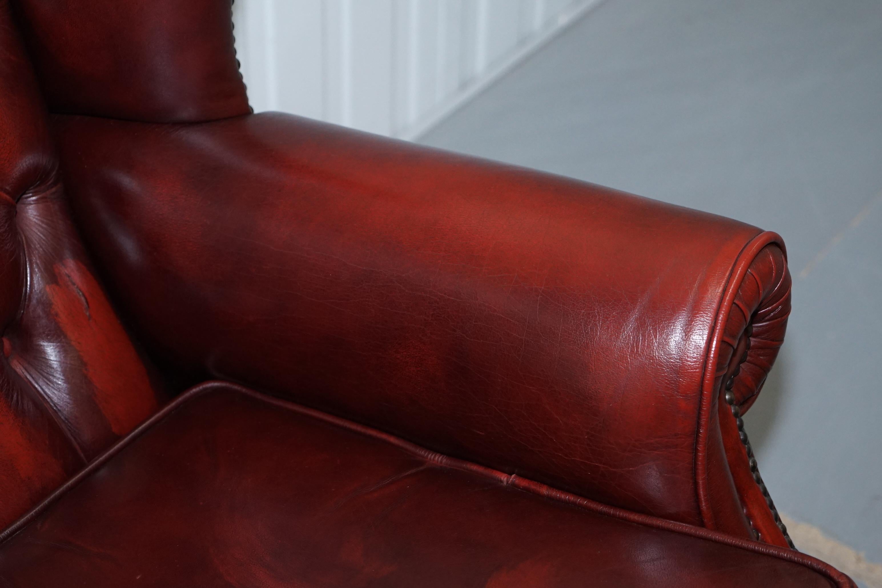 Vintage Chesterfield Oxblood Leather Two-Seat Wingback Leather Sofa Seat Settee 2