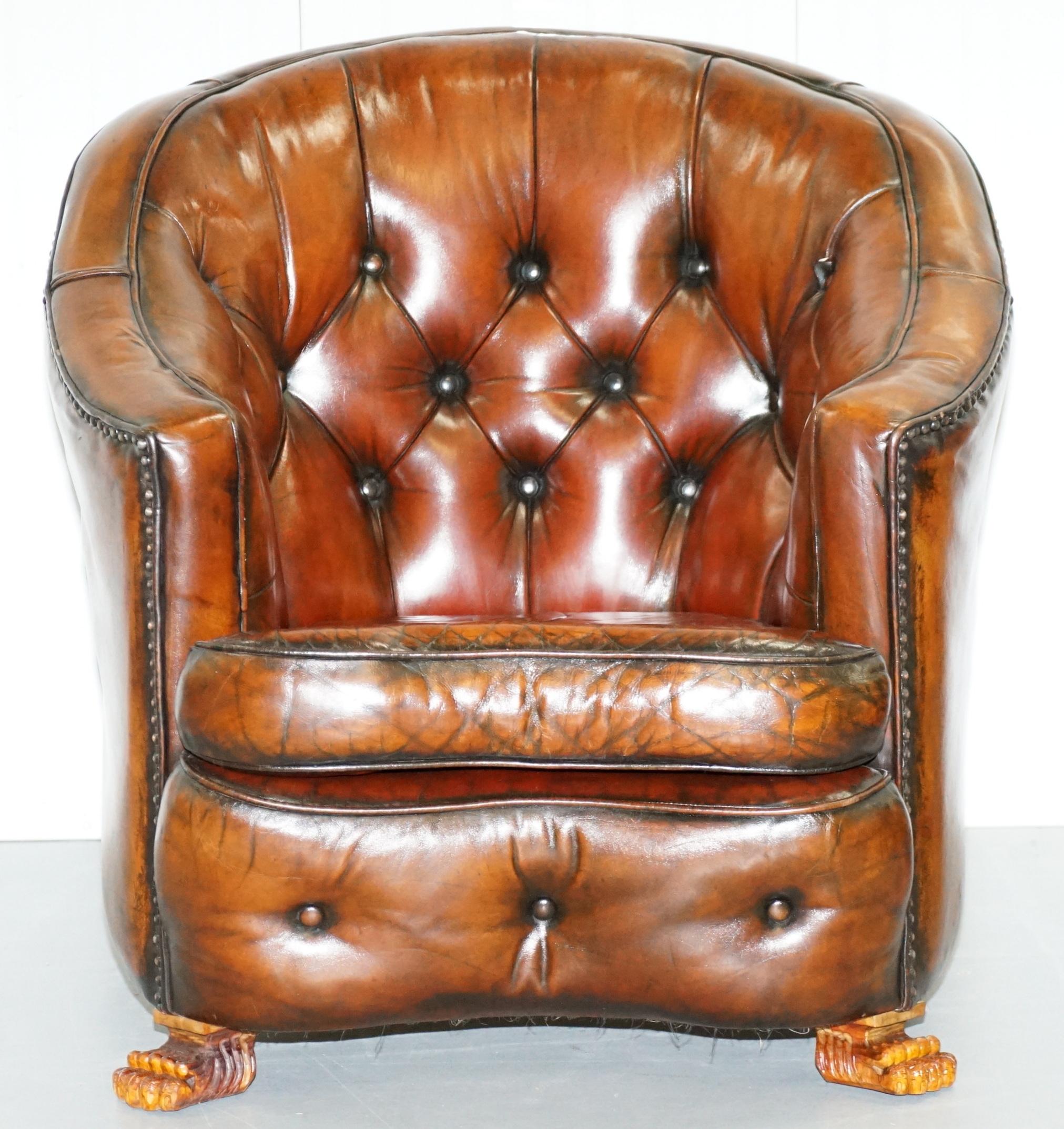 Brown Leather Curved Back Chesterfield Suite Sofa Armchairs Lion Hairy Paw Feet For Sale 1
