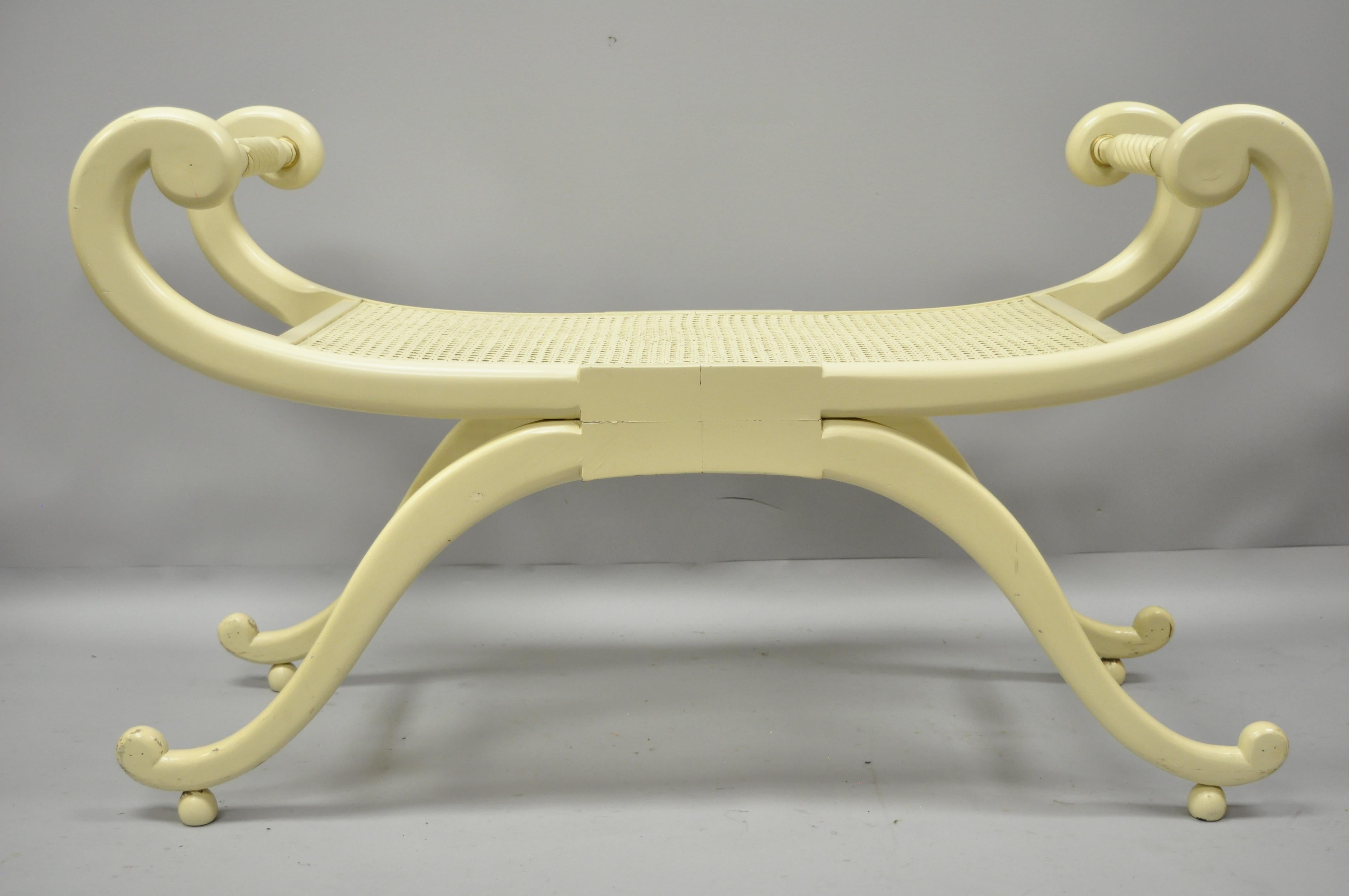 Vintage French Regency Neoclassical Style Cane Seat Curule X-Frame Bench 4