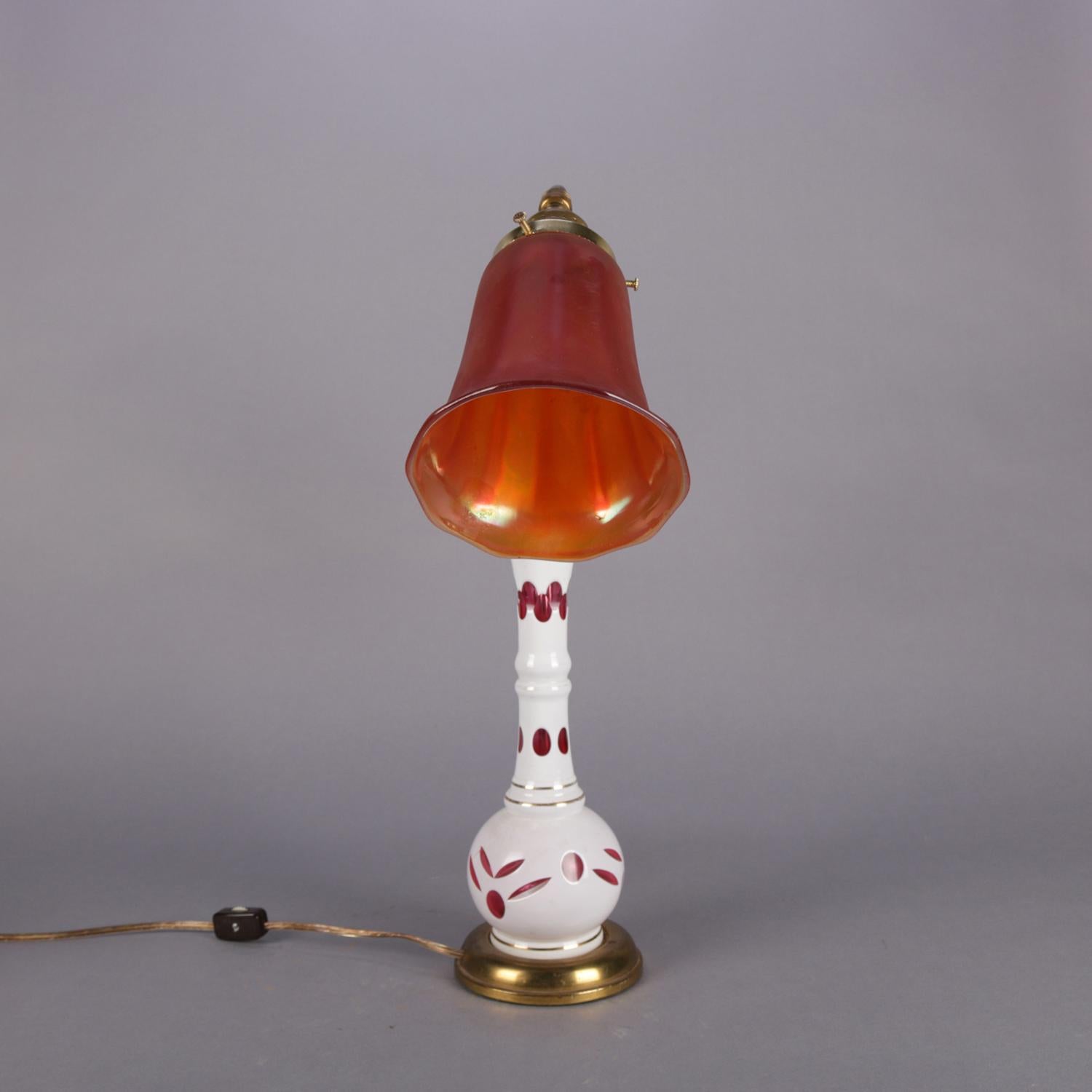 Antique Bohemian Cased Cut to Cranberry Glass Table Lamp, Carnival Shades 1