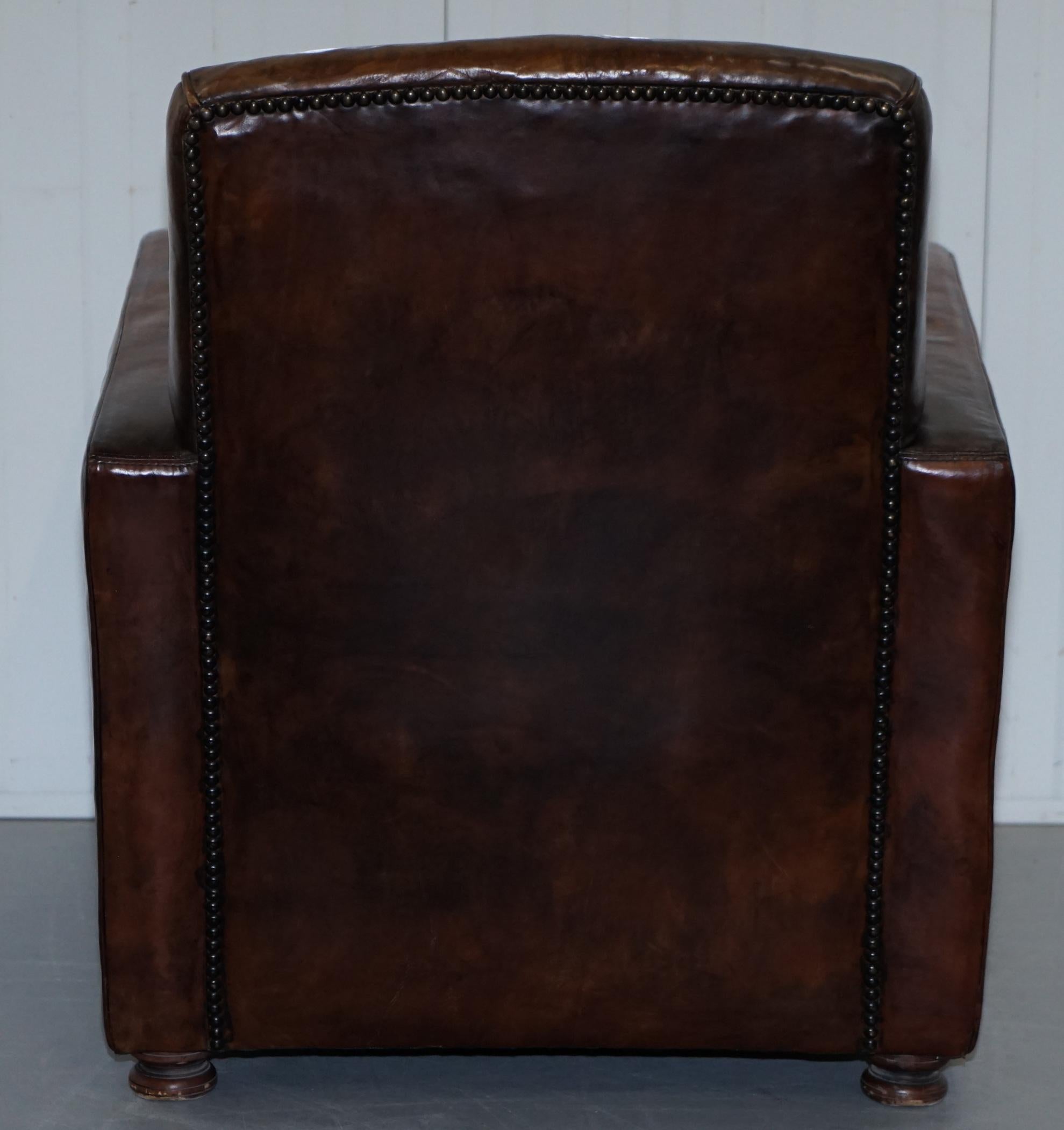 Aged Brown Leather Coil Sprung Base Armchair with Velvet Feather Filled Cushion 5