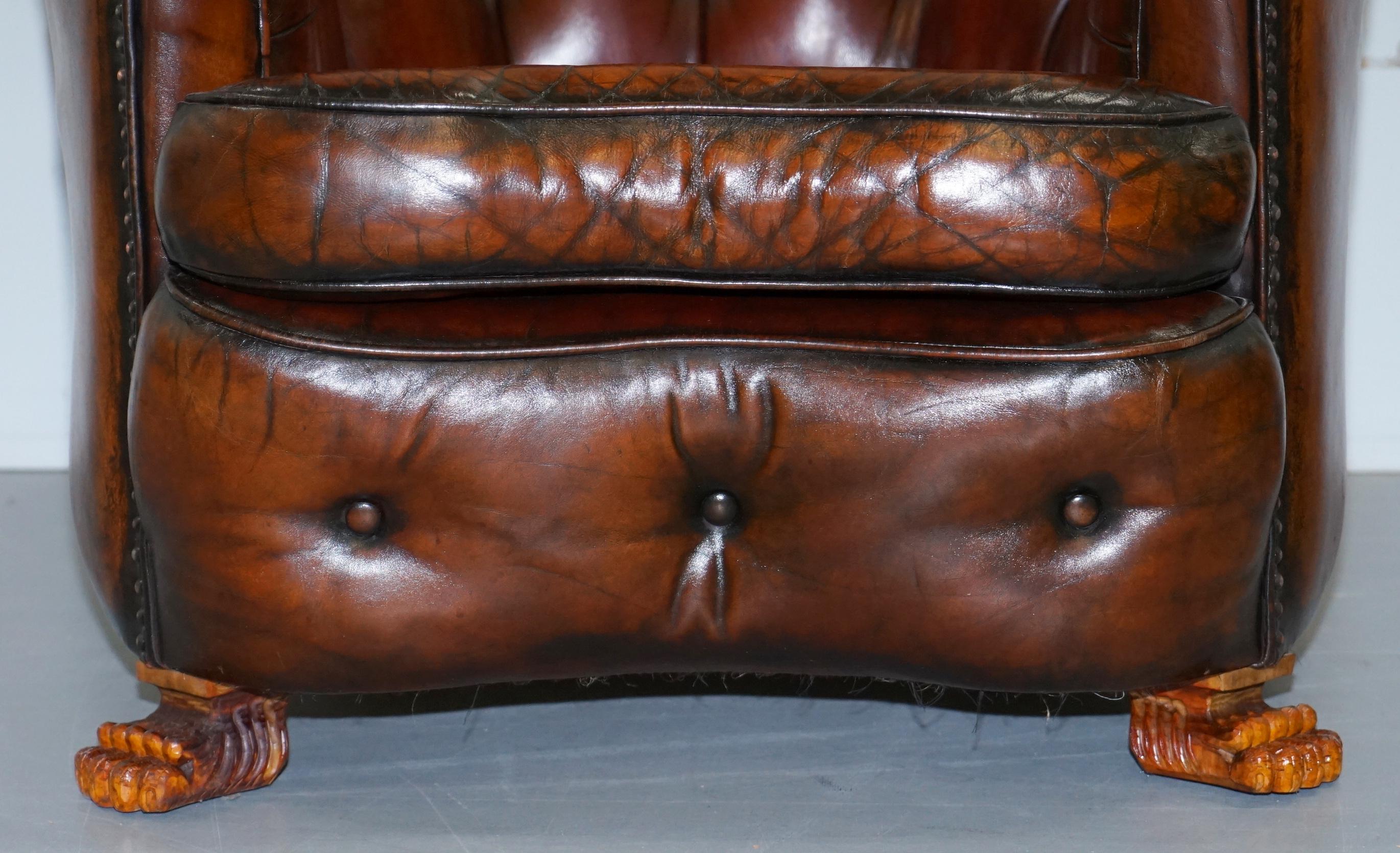 Brown Leather Curved Back Chesterfield Suite Sofa Armchairs Lion Hairy Paw Feet For Sale 2