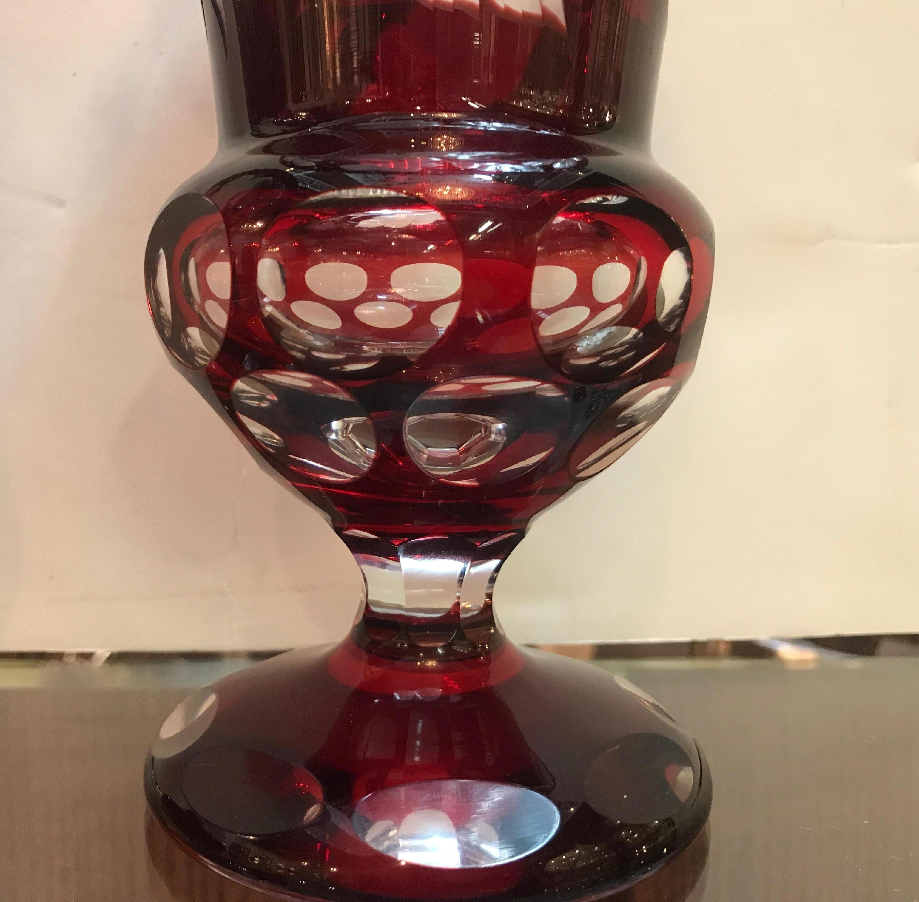 Pair of Ruby Intaglao Cut to Clear Glass Campana Mantle Urns 7