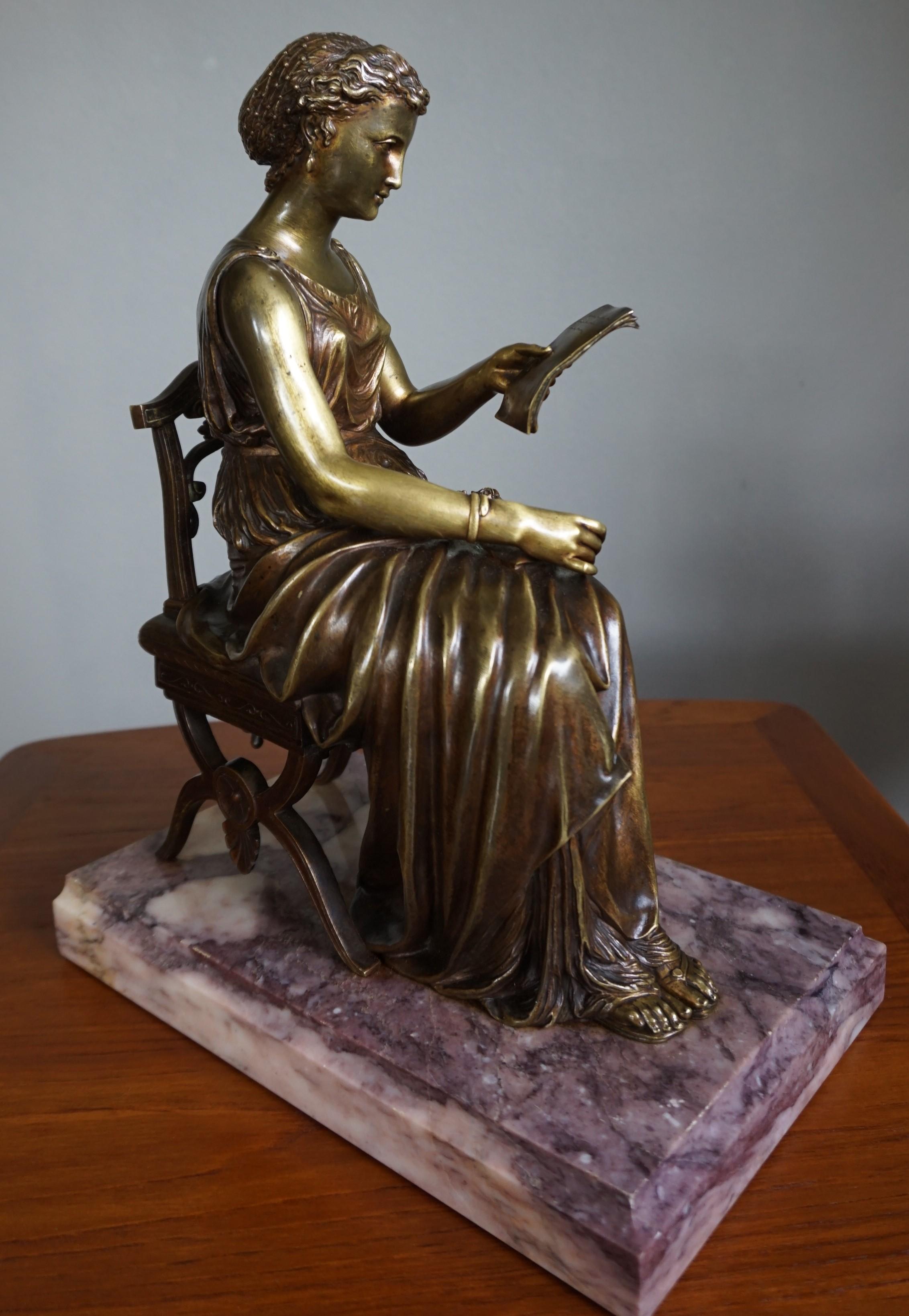 Antique Bronze Sculpture of Letter Reading Lady in Klismos Chair on Marble Base 5