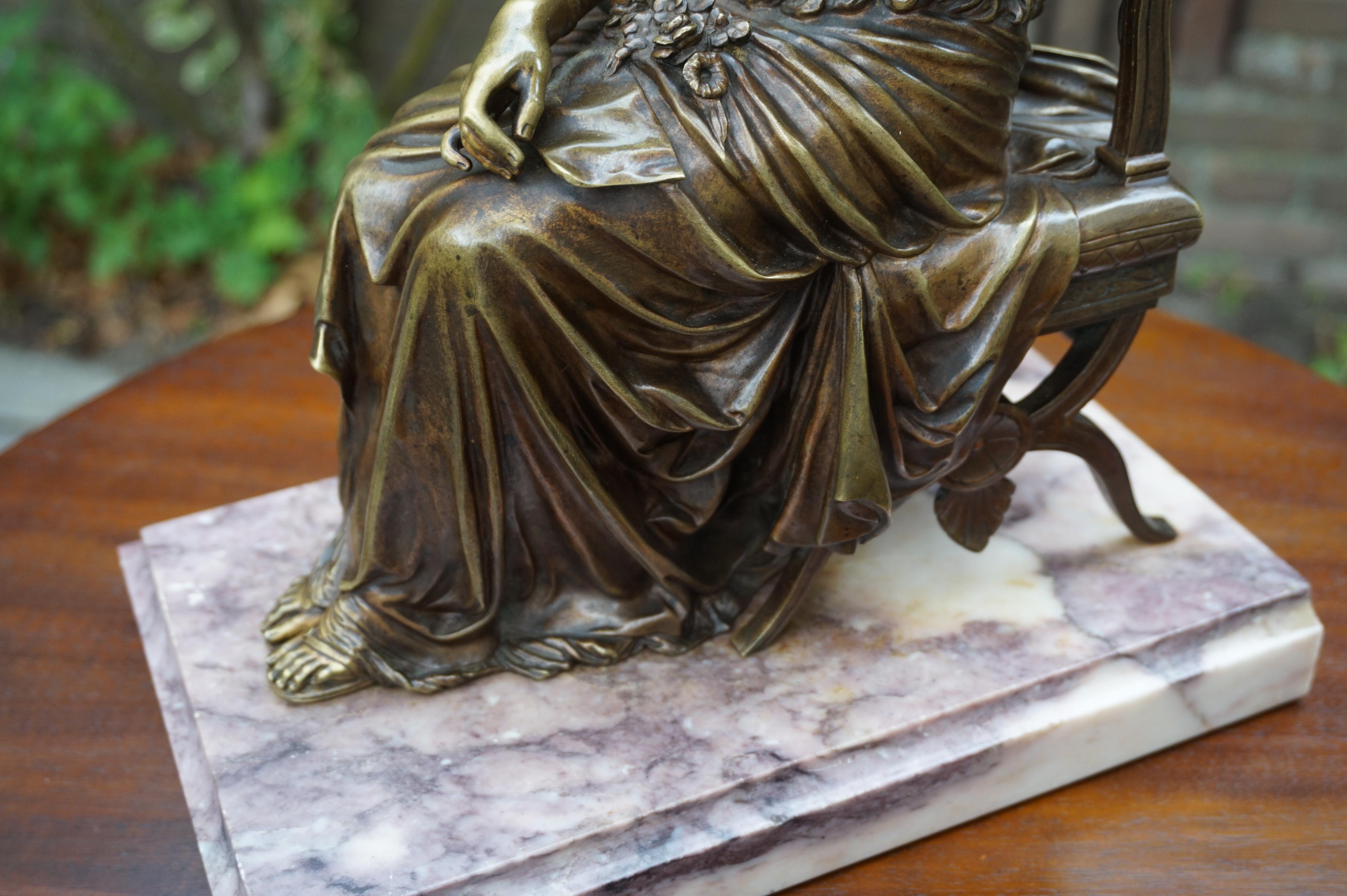 Antique Bronze Sculpture of Letter Reading Lady in Klismos Chair on Marble Base 6