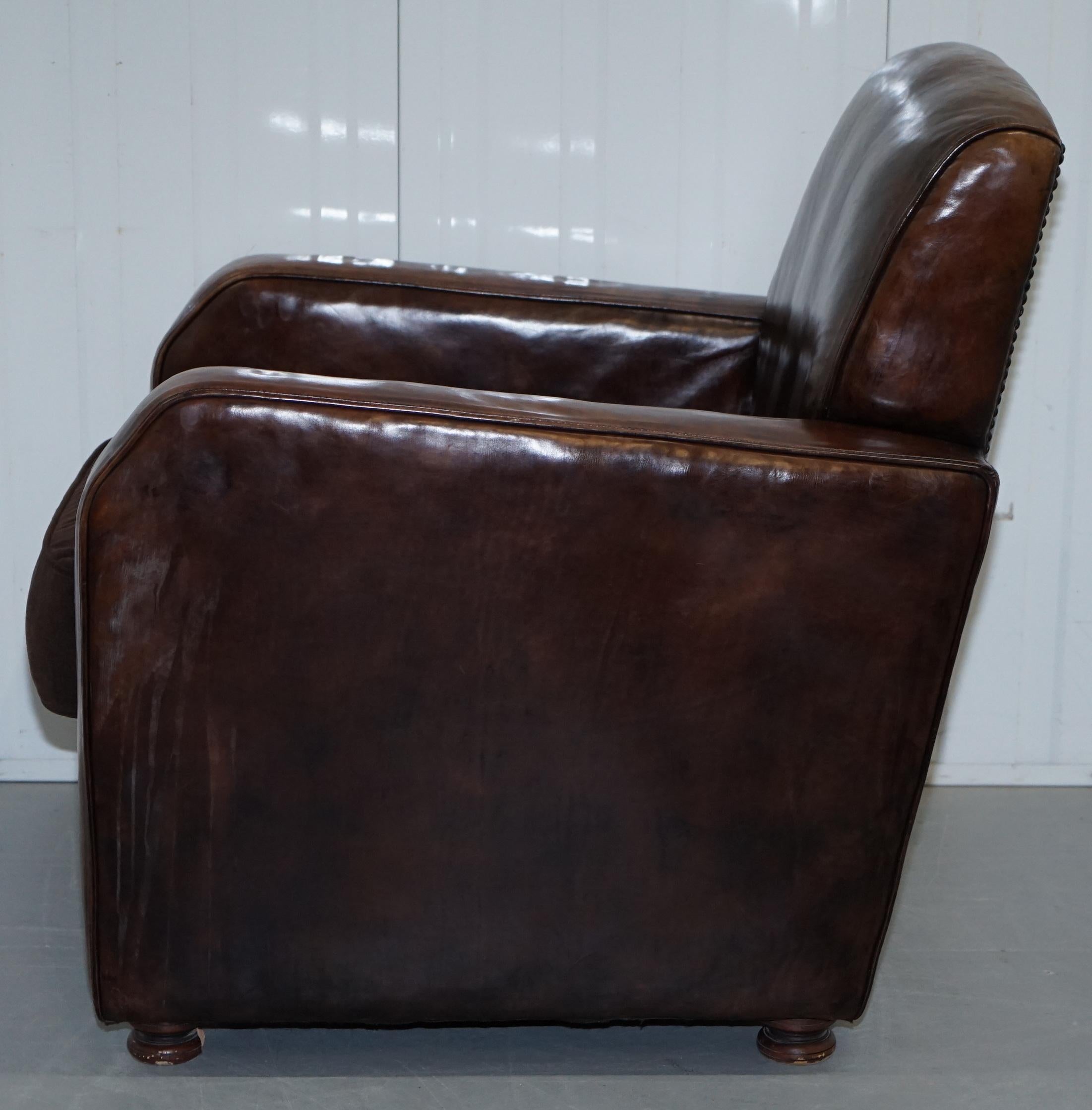 Aged Brown Leather Coil Sprung Base Armchair with Velvet Feather Filled Cushion 7