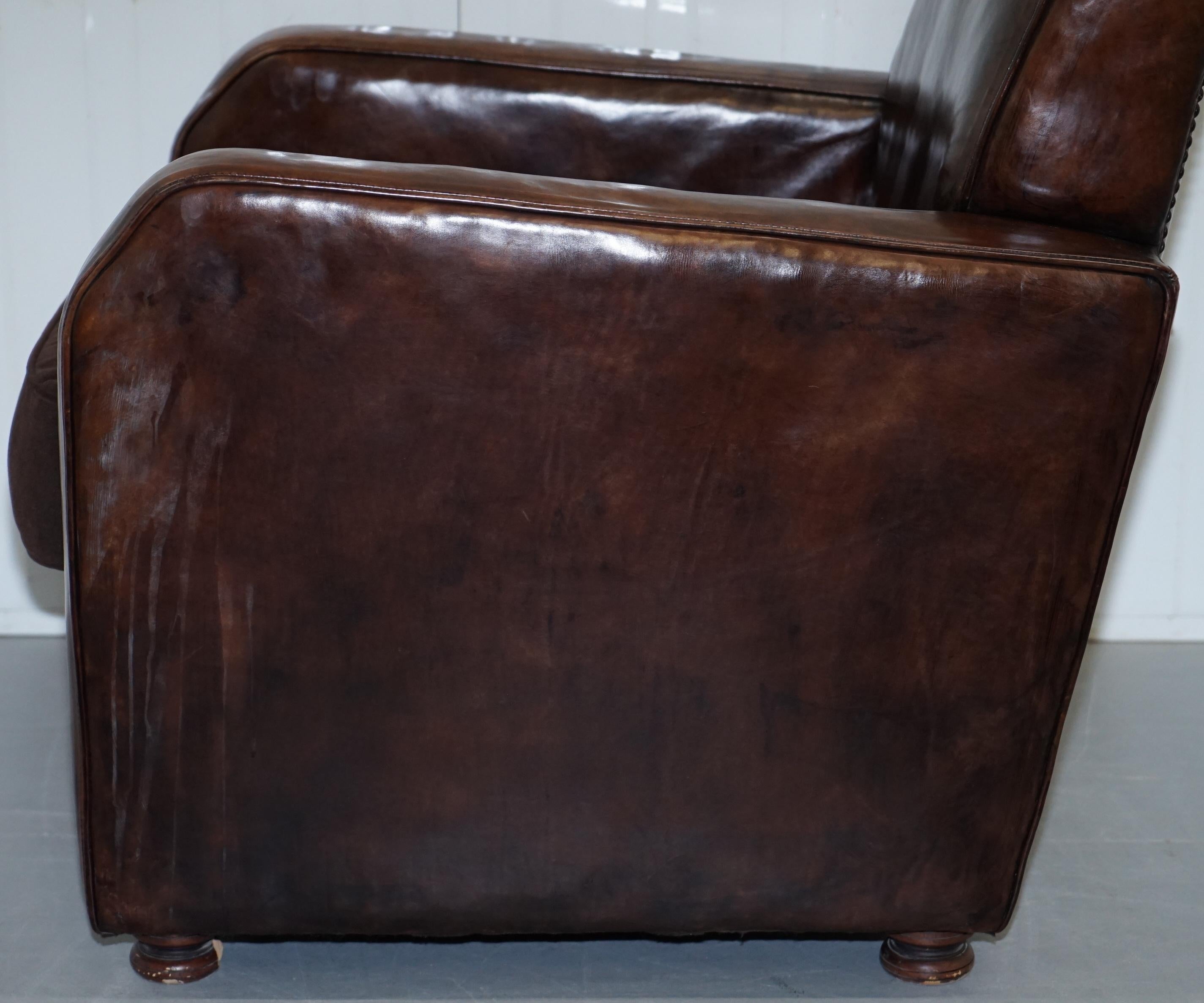 Aged Brown Leather Coil Sprung Base Armchair with Velvet Feather Filled Cushion 8