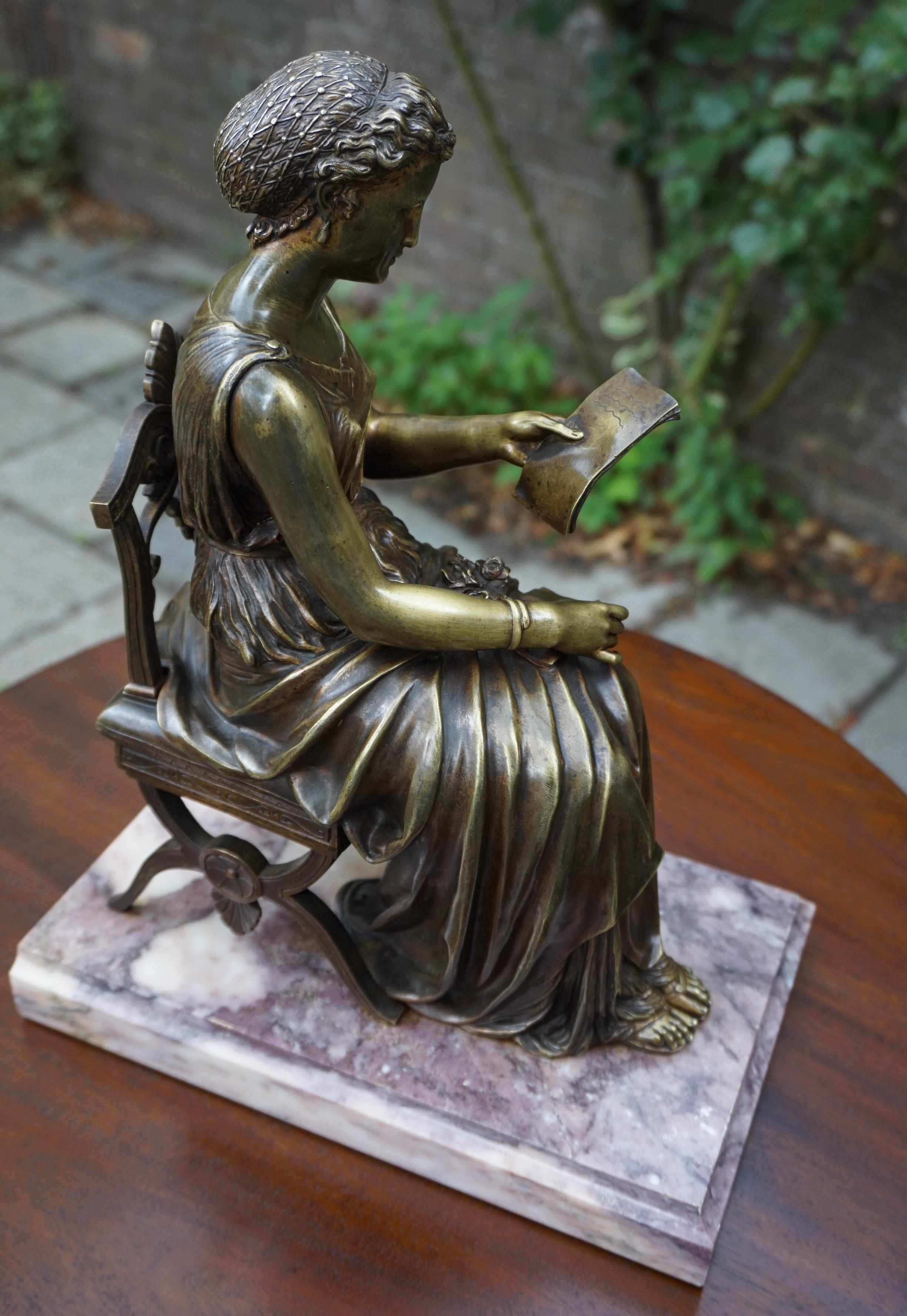 Antique Bronze Sculpture of Letter Reading Lady in Klismos Chair on Marble Base 9
