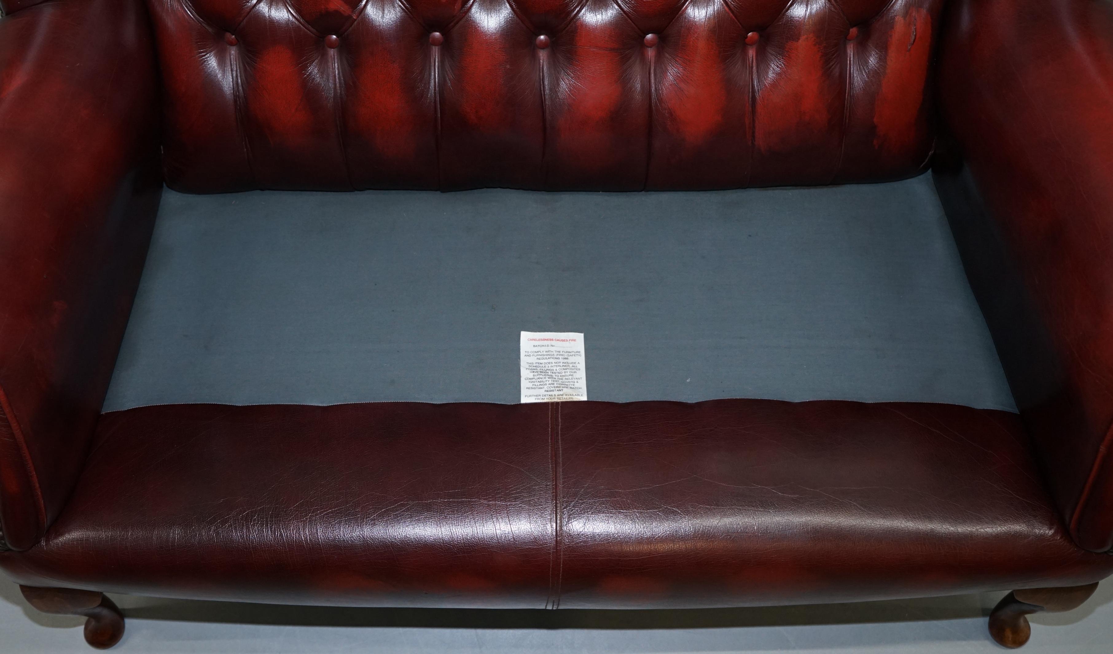Vintage Chesterfield Oxblood Leather Two-Seat Wingback Leather Sofa Seat Settee 8