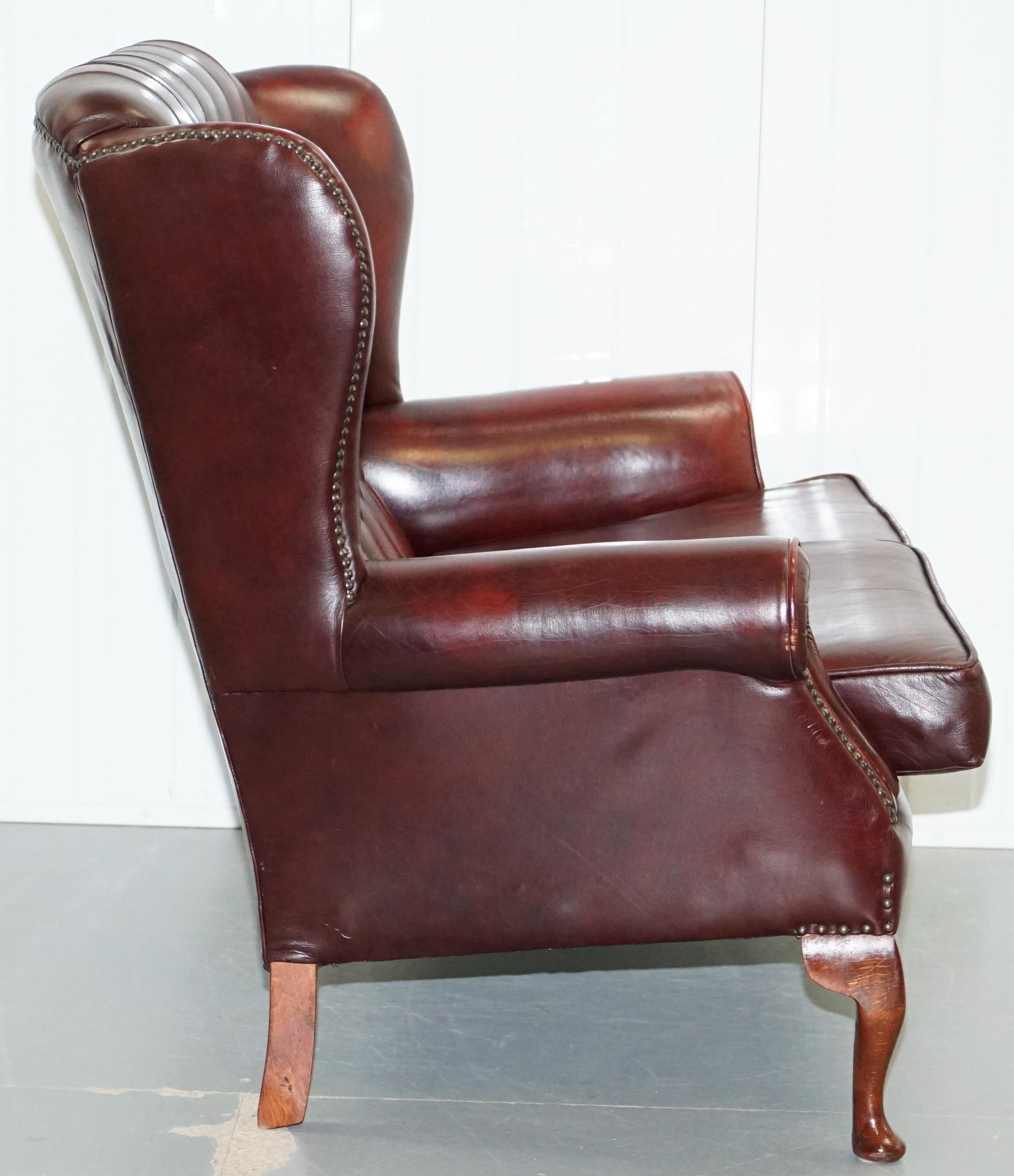 Vintage Chesterfield Oxblood Leather Two-Seat Wingback Leather Sofa Seat Settee 9