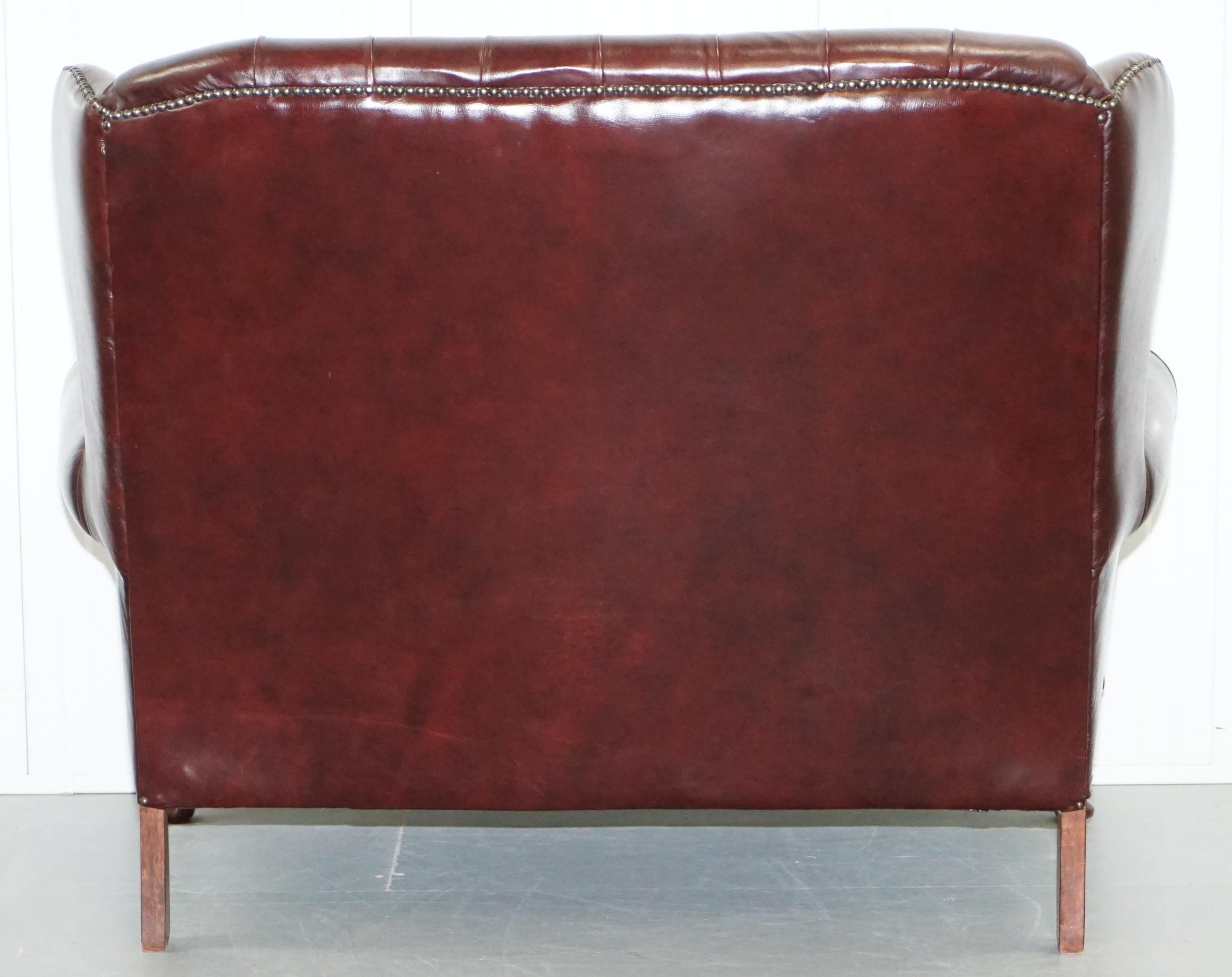 Vintage Chesterfield Oxblood Leather Two-Seat Wingback Leather Sofa Seat Settee 10