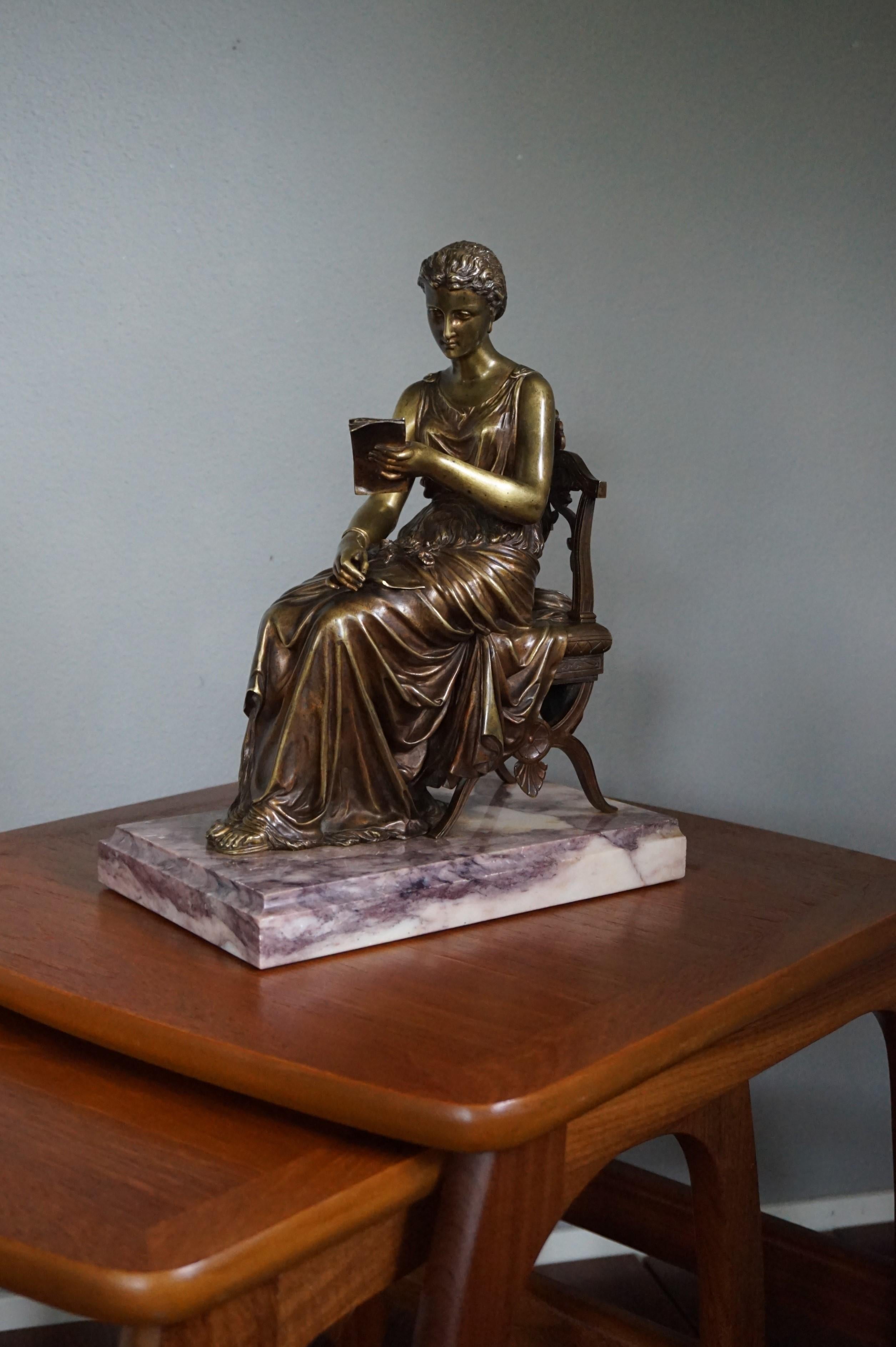 Antique Bronze Sculpture of Letter Reading Lady in Klismos Chair on Marble Base 12