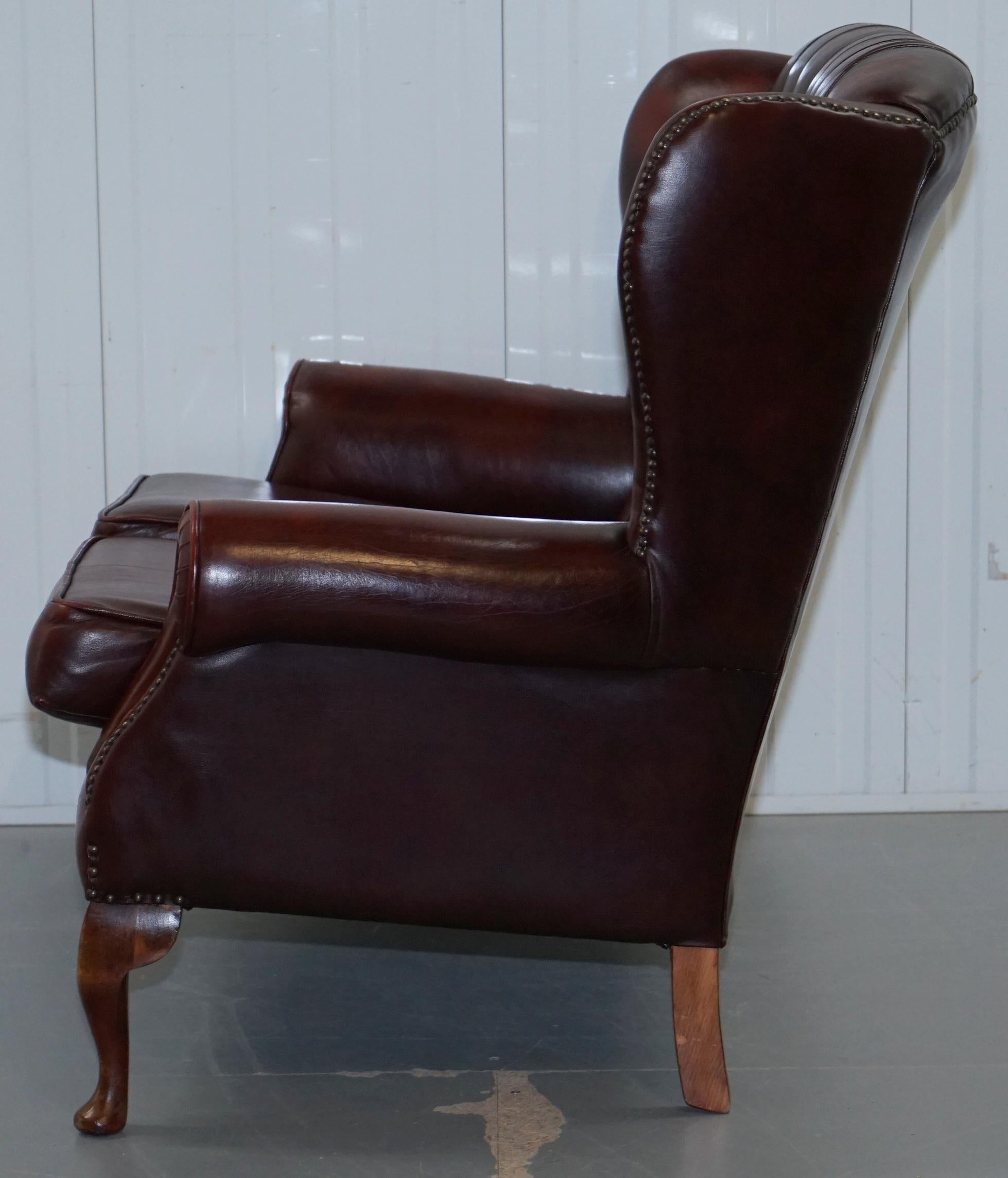 Vintage Chesterfield Oxblood Leather Two-Seat Wingback Leather Sofa Seat Settee 11