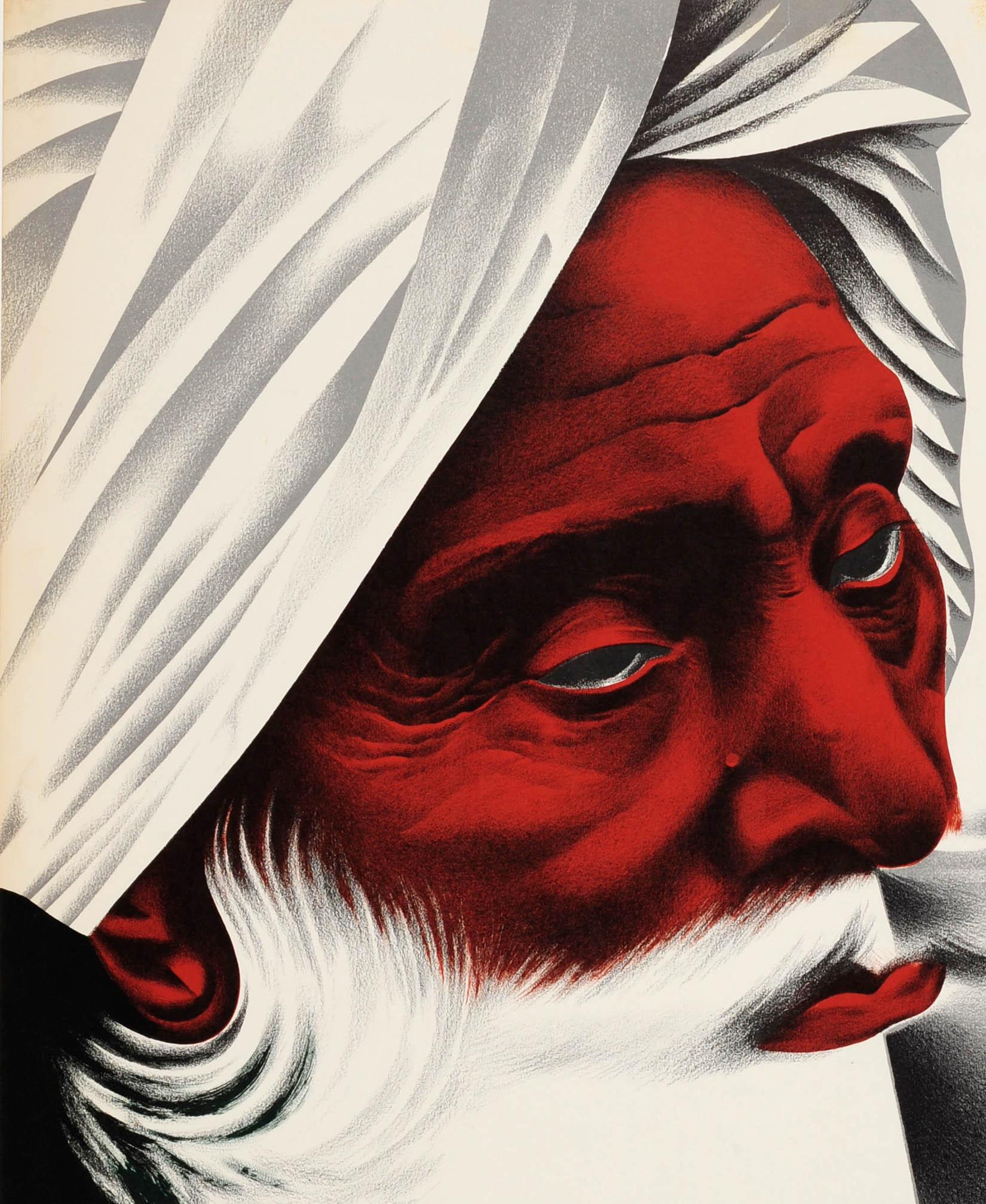 Original vintage travel poster advertising cruise trips to Bombay (now Mumbai) in India by American President Lines featuring a man in a turban with a thick white beard against a yellow background, a cruise liner ship sailing between the title text