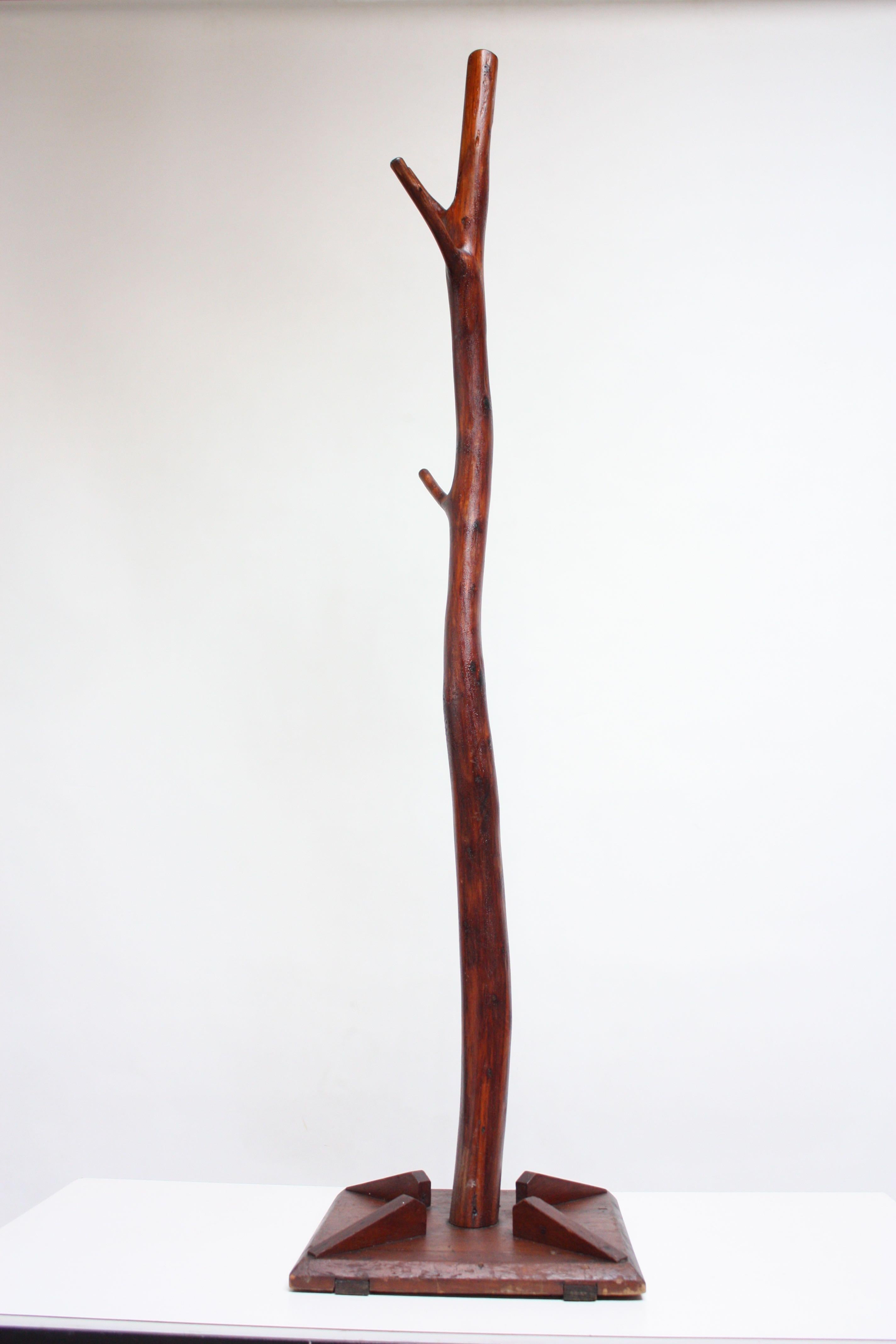 Impressive tree-form coat / hat rack, circa 1920s, composed of stained dry wood of an actual tree (likely cherry). Fitted to a carved wood base with carved decorative accents. Rich color and marvelous texture.