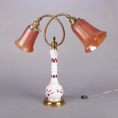 Antique Bohemian Cased Cut to Cranberry Glass Table Lamp, Carnival Shades