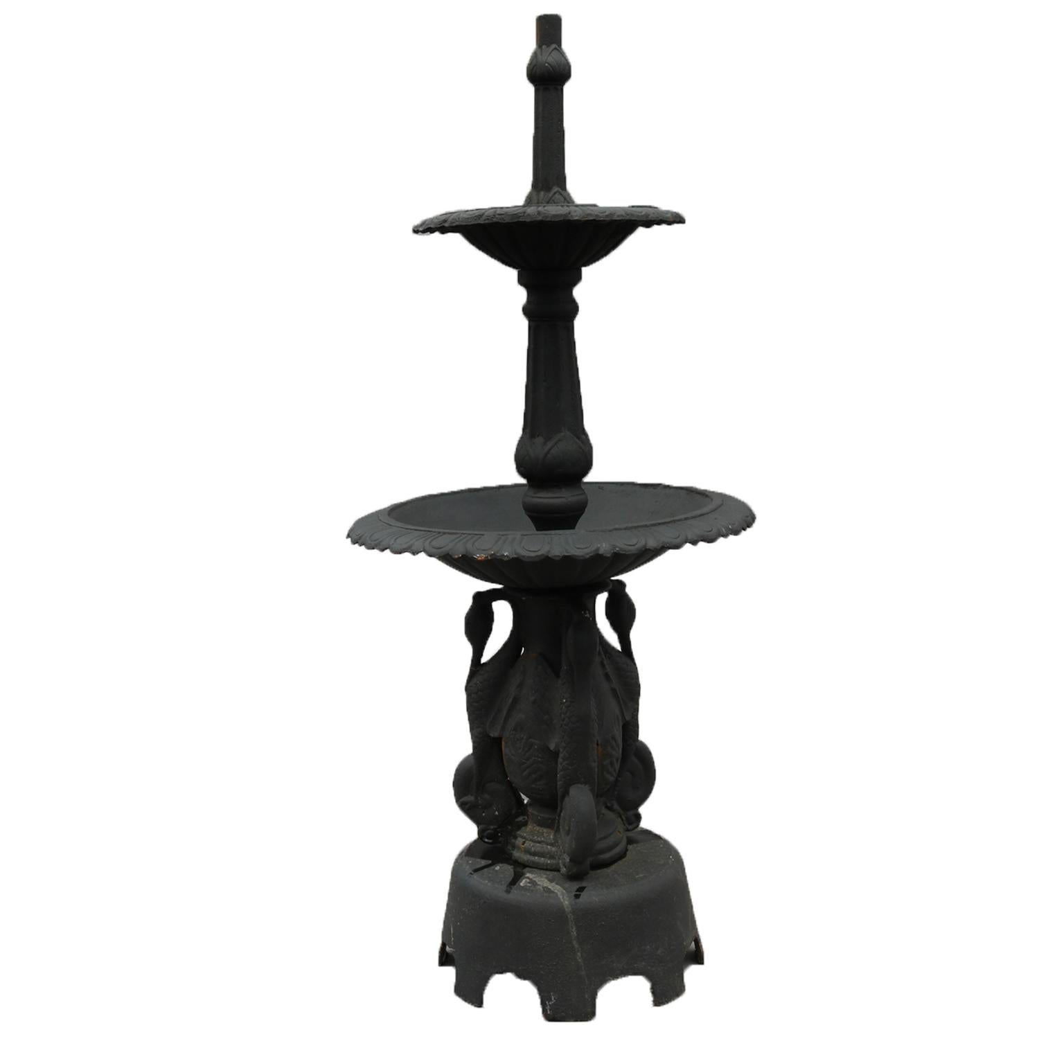 Victorian garden fountain features black painted cast iron construction with contemporary two tiers of scalloped bowls over base with three swans, 20th century.

Measures: 39