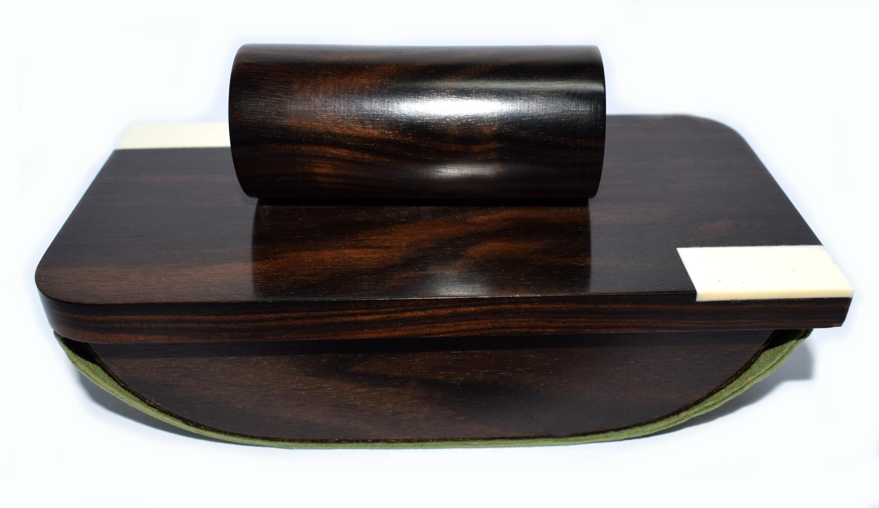 Super quality French Art Deco ink blotter and pad in Macassar ebony wood with cream Bakelite accents. Originating from France and dating to the 1930s this set just oozes quality and you feel it immediately when you handle both items. The wood is