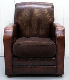 Aged Brown Leather Coil Sprung Base Armchair with Velvet Feather Filled Cushion