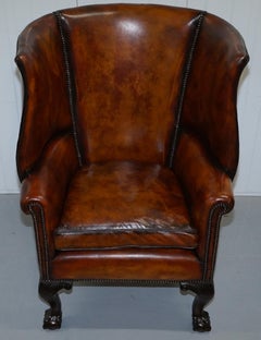 Pair of Huge Claw & Ball Barrel Back Porters Wingback Armchairs Brown Leather