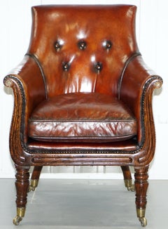 Rare Attributed to Gillows Regency Armchair Hand Dyed Brown Leather Hand-Painted