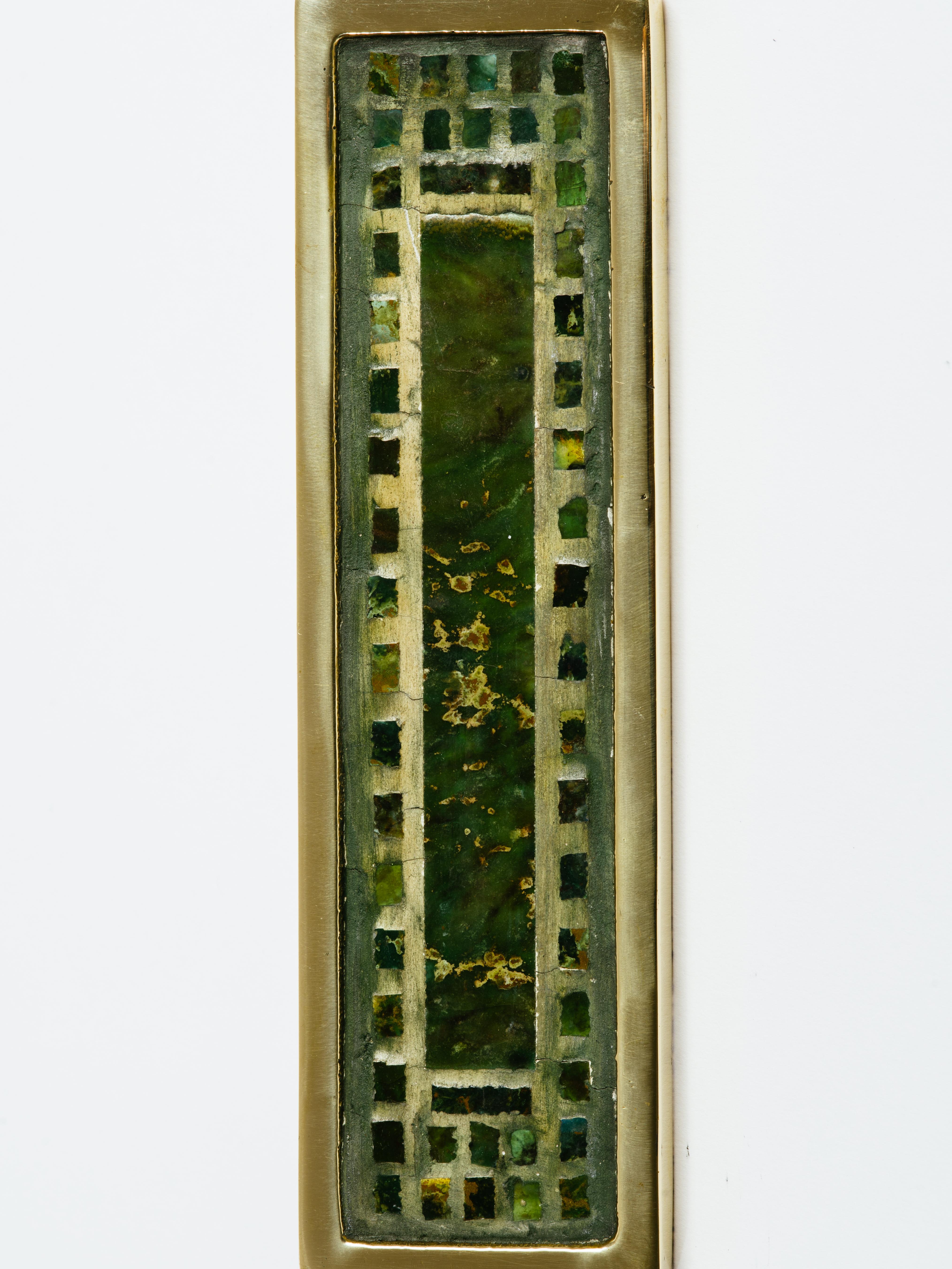 Large rectangular Mexican stone inlay brass door handle, attributed to Pepe Mendoza, Mexico, circa 1970s. Stamped MEXICO on back.