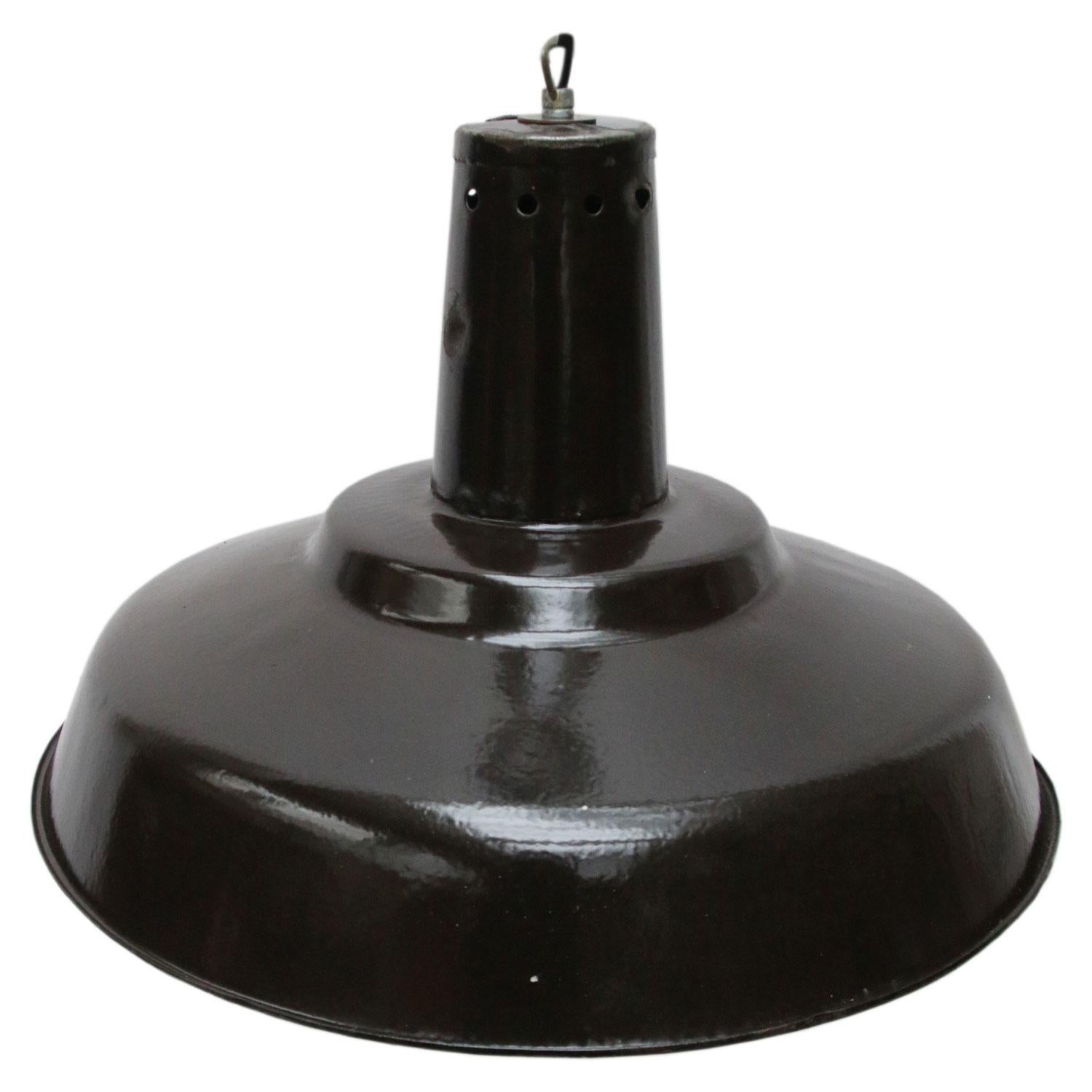 Dark brown enamel factory pendant from the Ukraine.
White interior.

Weight: 2.1 kg / 4.6 lb

All lamps have been made suitable by international standards for incandescent light bulbs, energy-efficient and LED bulbs. E26/E27 bulb holders and