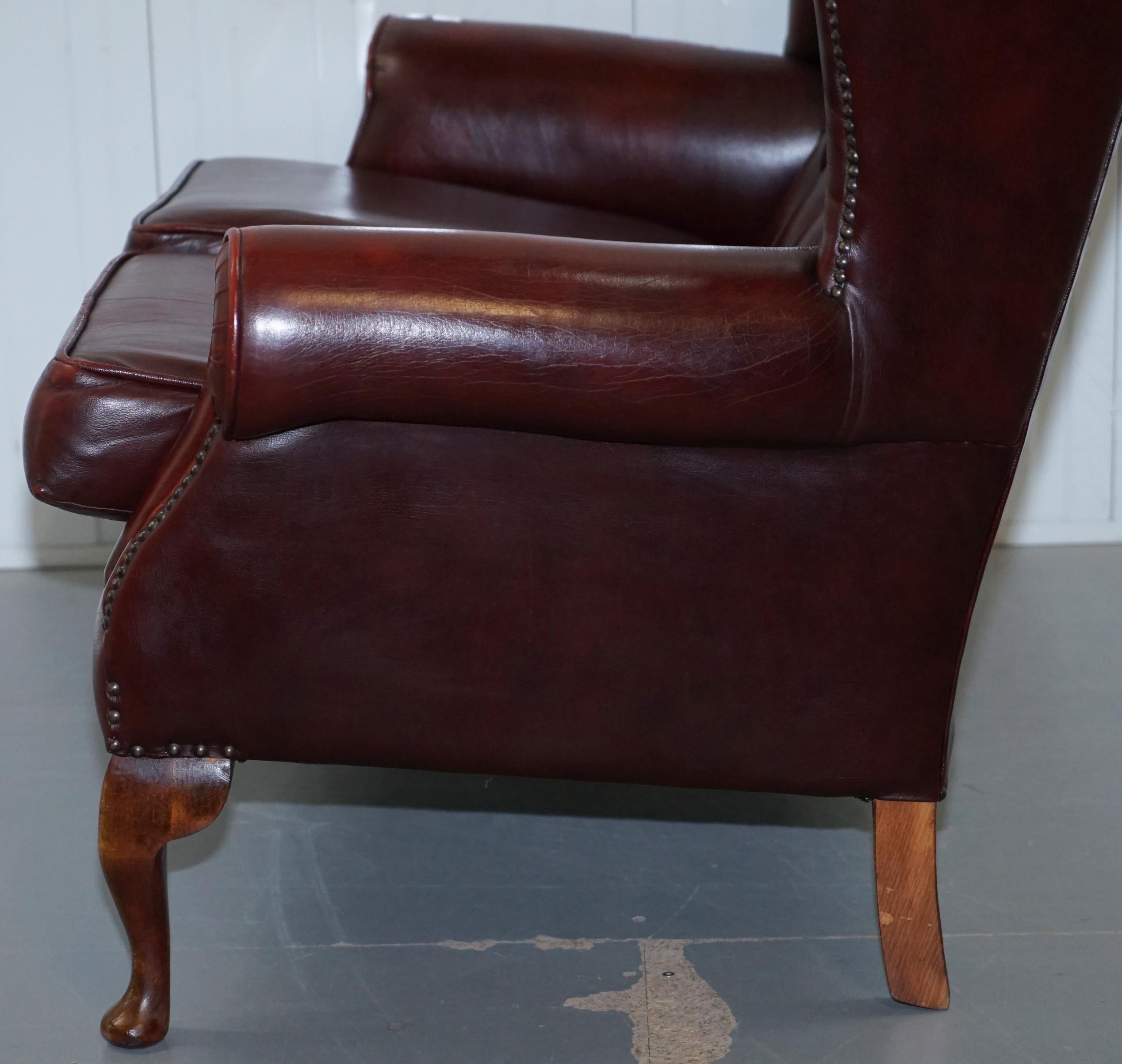 Vintage Chesterfield Oxblood Leather Two-Seat Wingback Leather Sofa Seat Settee 12