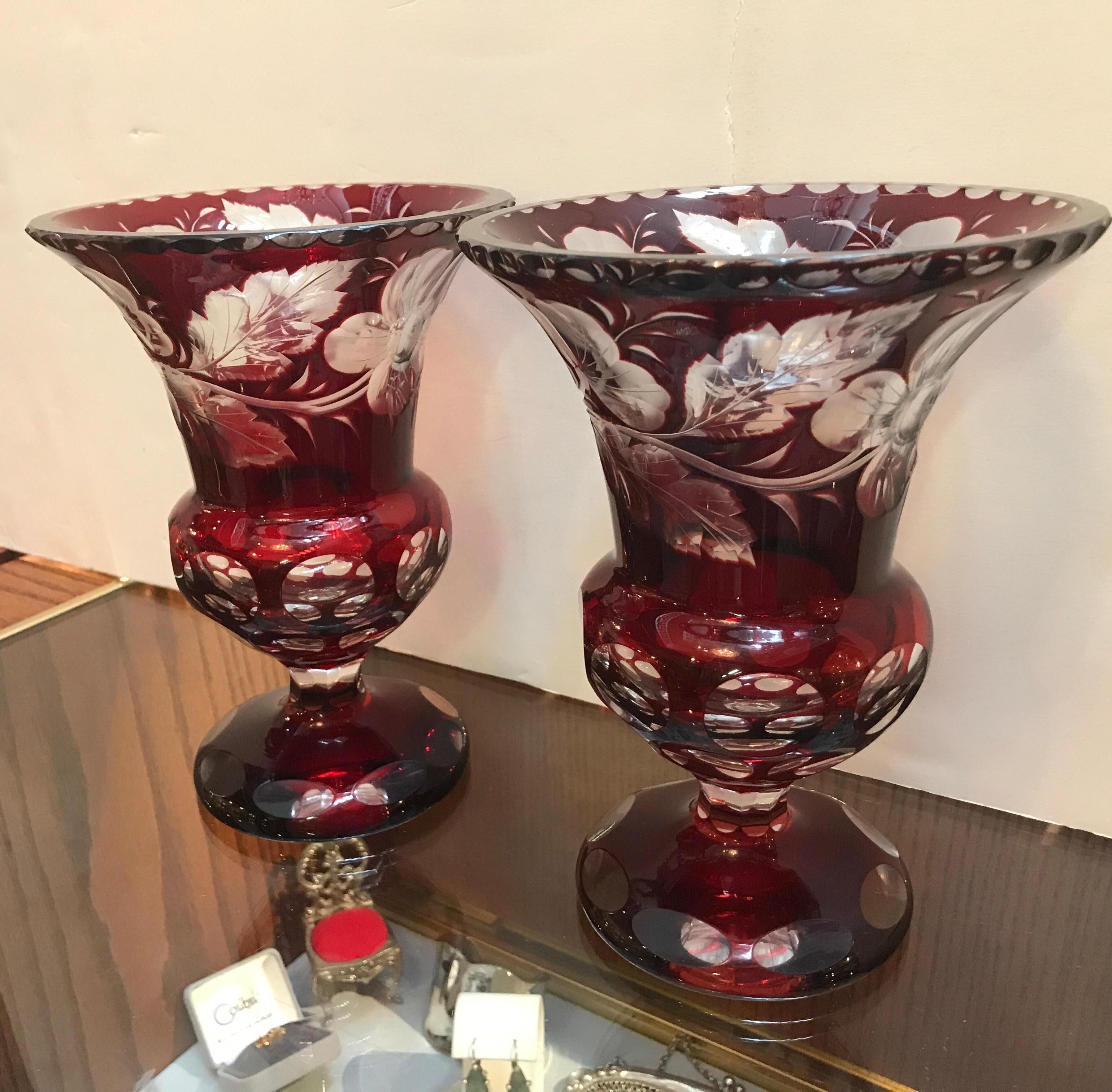 Czech Pair of Ruby Intaglao Cut to Clear Glass Campana Mantle Urns