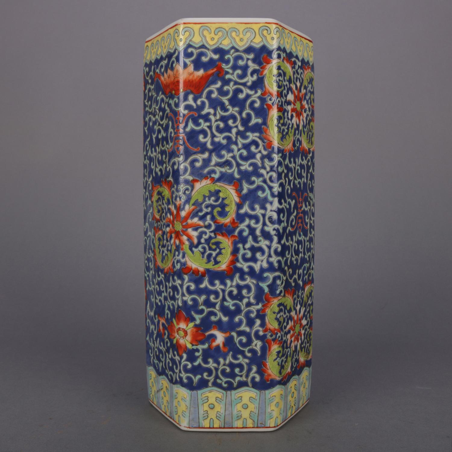 Chinese Foliate and Scroll Enameled Porcelain Flower Vase, Signed, 20th Century In Good Condition In Big Flats, NY
